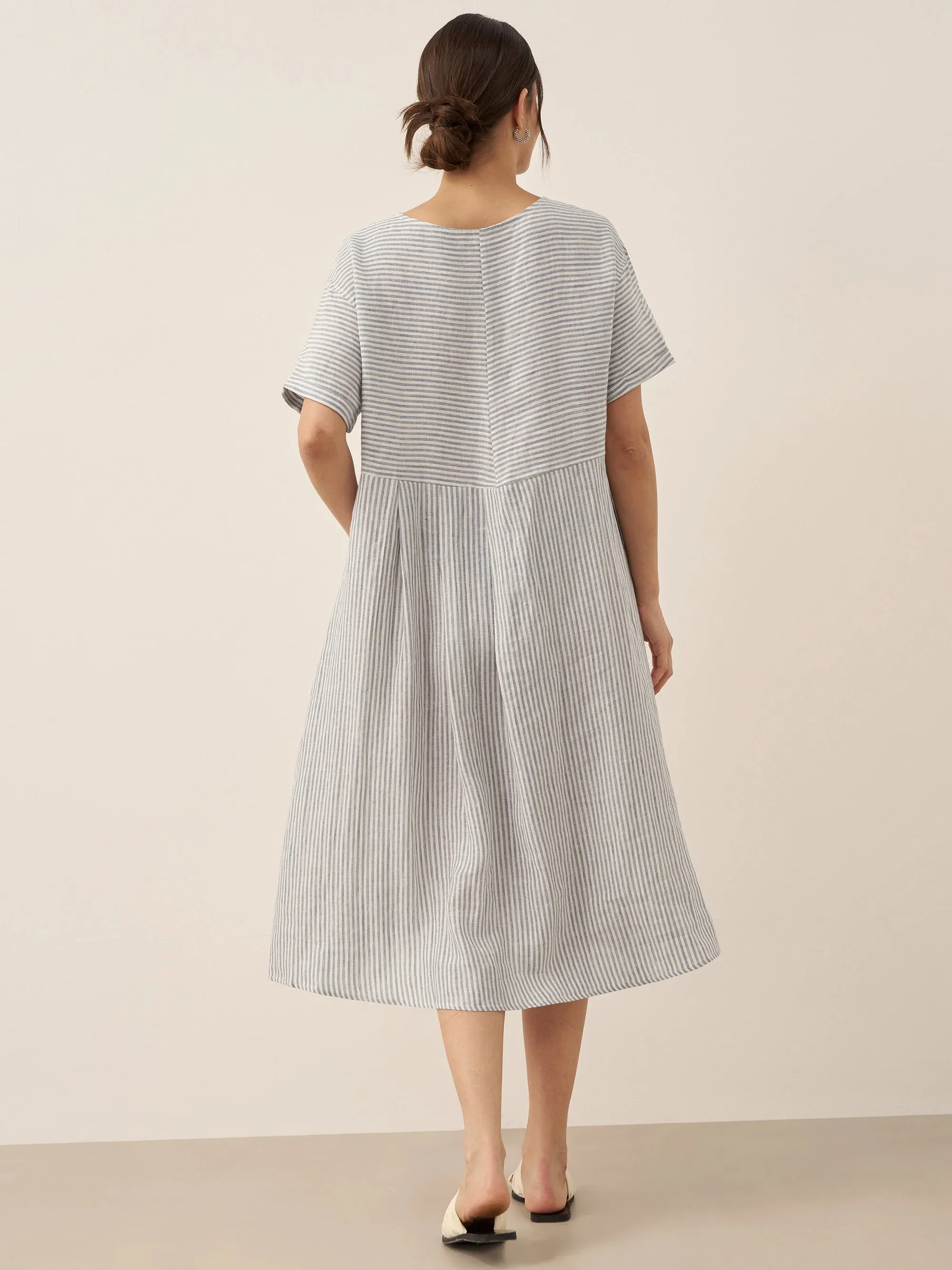 100% Linen Pinstripe Paneled Short-Sleeved Dress MORGAN sold by Lintico product image thumbnail 4