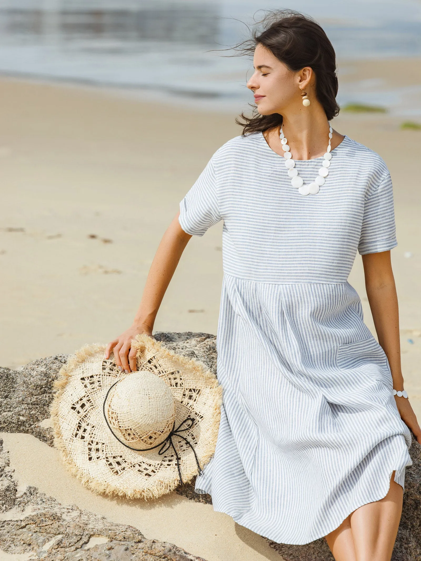 100% Linen Pinstripe Paneled Short-Sleeved Dress MORGAN sold by Lintico product image thumbnail 2