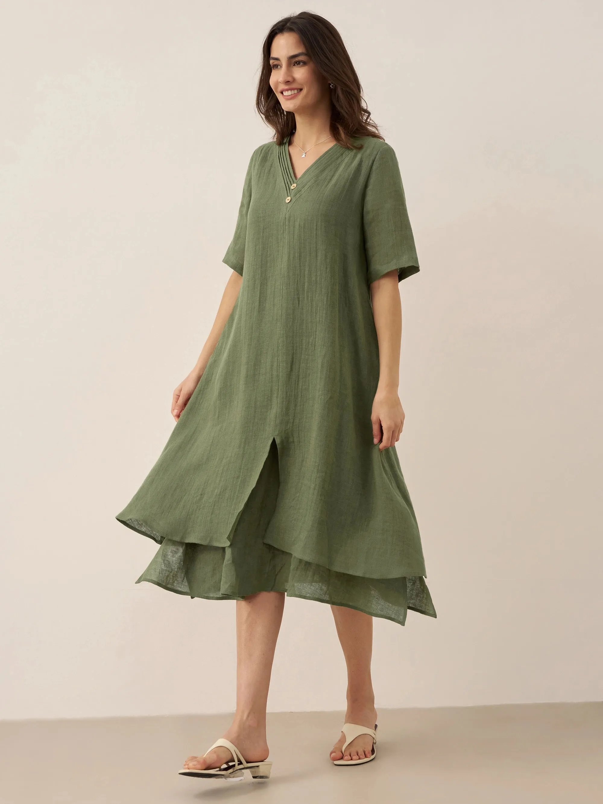 100% Linen V-Neck Double-Layer Midi Dress JAYDA sold by Lintico product image thumbnail 4