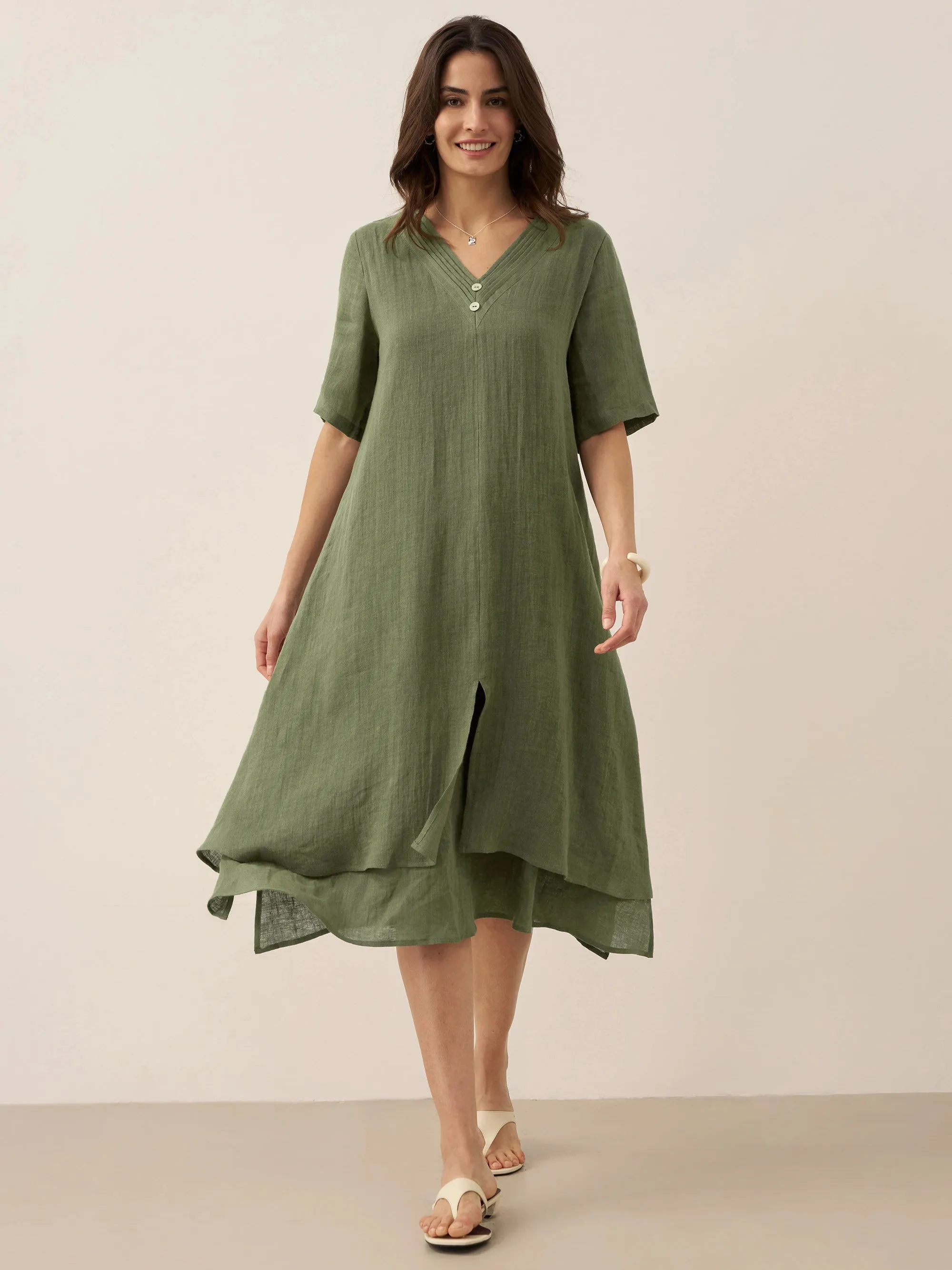 100% Linen V-Neck Double-Layer Midi Dress JAYDA sold by Lintico