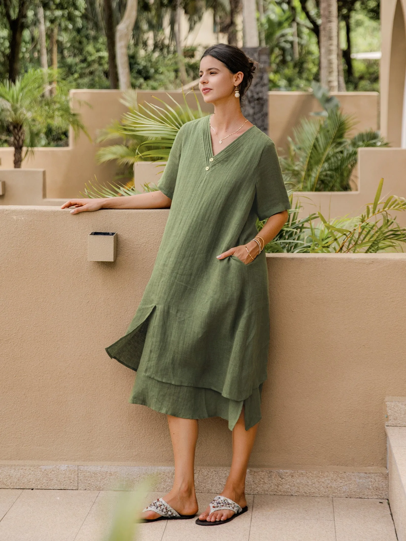 100% Linen V-Neck Double-Layer Midi Dress JAYDA sold by Lintico product image thumbnail 2