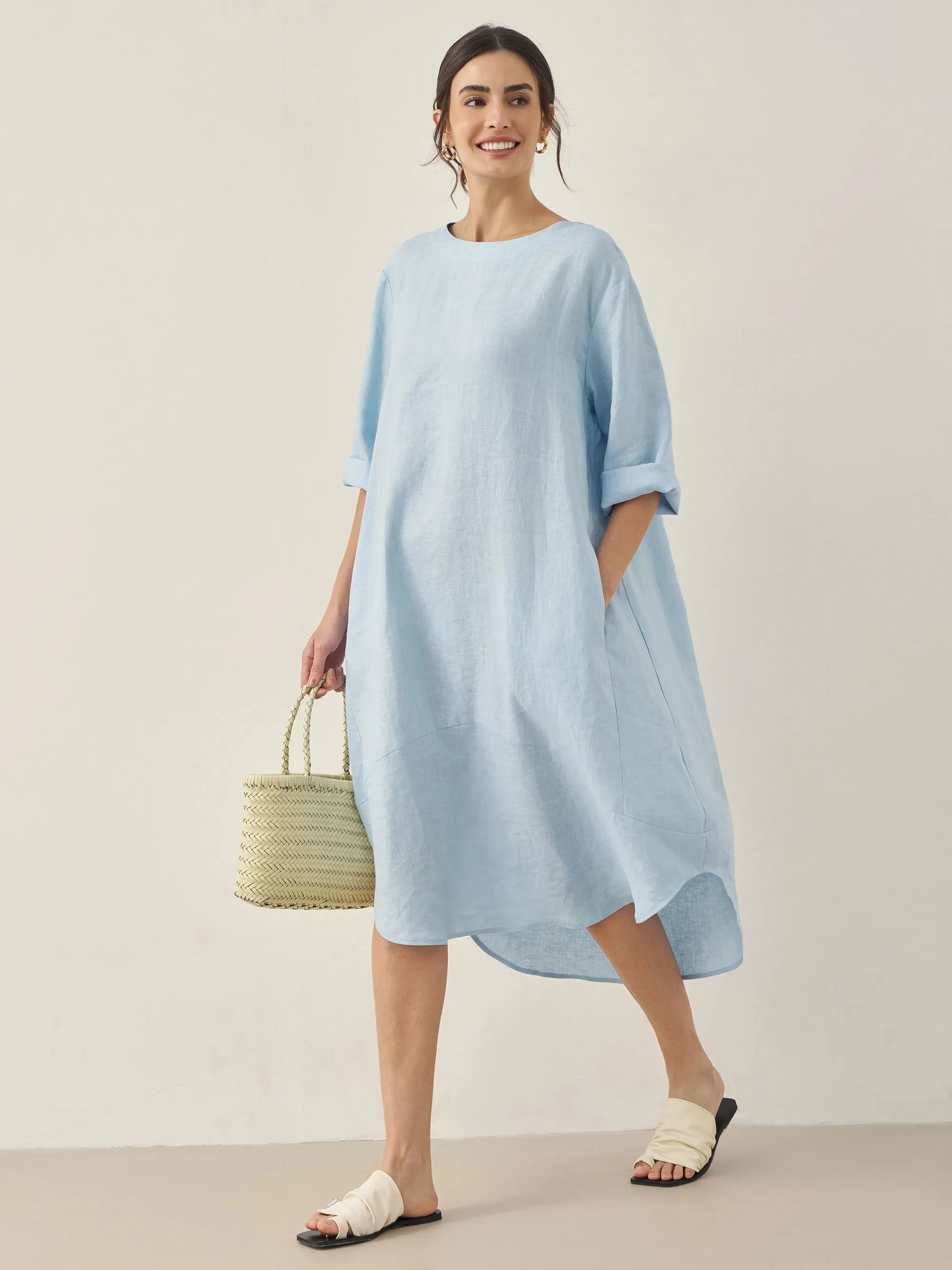 100% Linen Bateau Neck Midi Dress BROOKE sold by Lintico