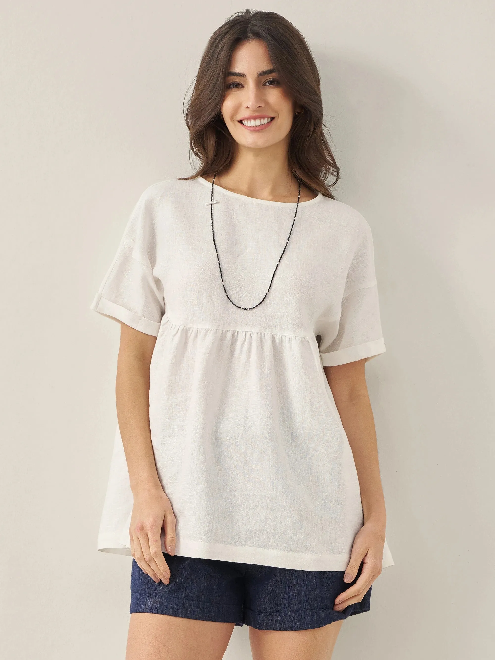 100% Linen Round Neck Pleated Pullover Top QUINLAN sold by Lintico