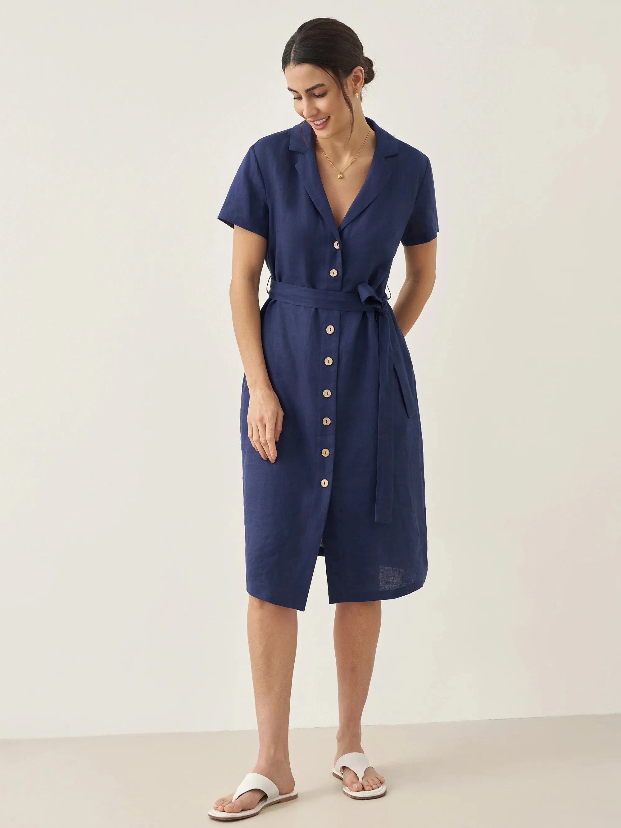 100% Linen V-Neck Button-Front Shirt Dress EILEEN sold by Lintico product image thumbnail 4