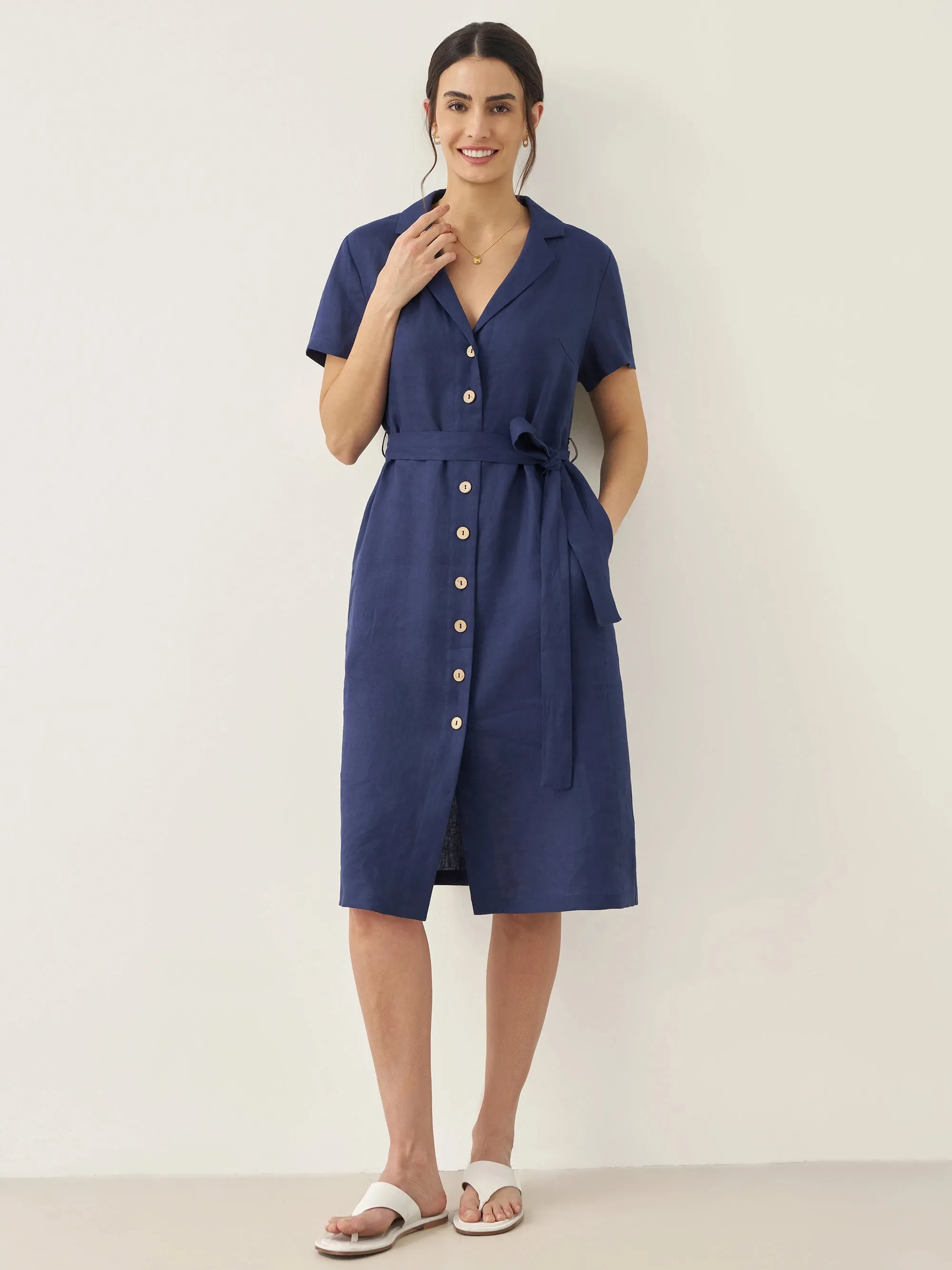 100% Linen V-Neck Button-Front Shirt Dress EILEEN sold by Lintico