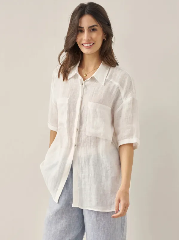 100% Linen Pocket Detail Button-Front Shirt CLARA sold by Lintico