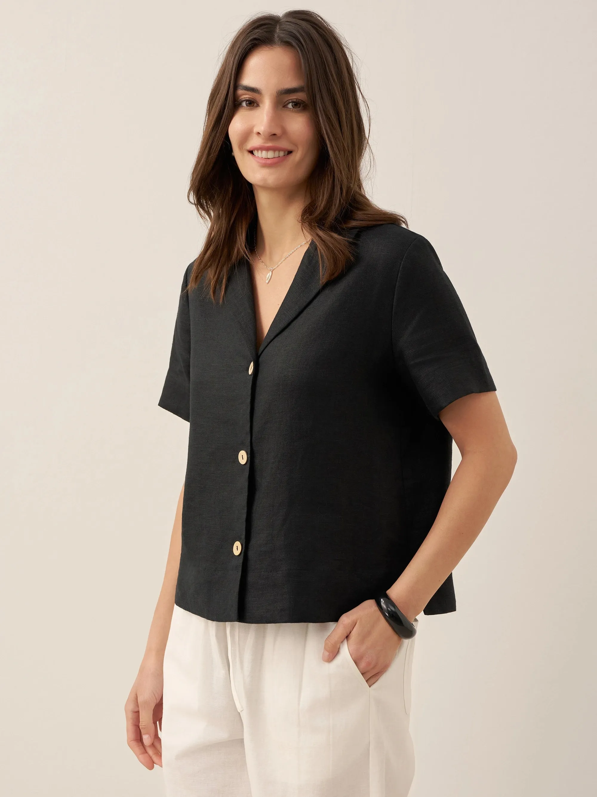 100% Linen Button-Up Short Sleeve Shirt ORENDA sold by Lintico