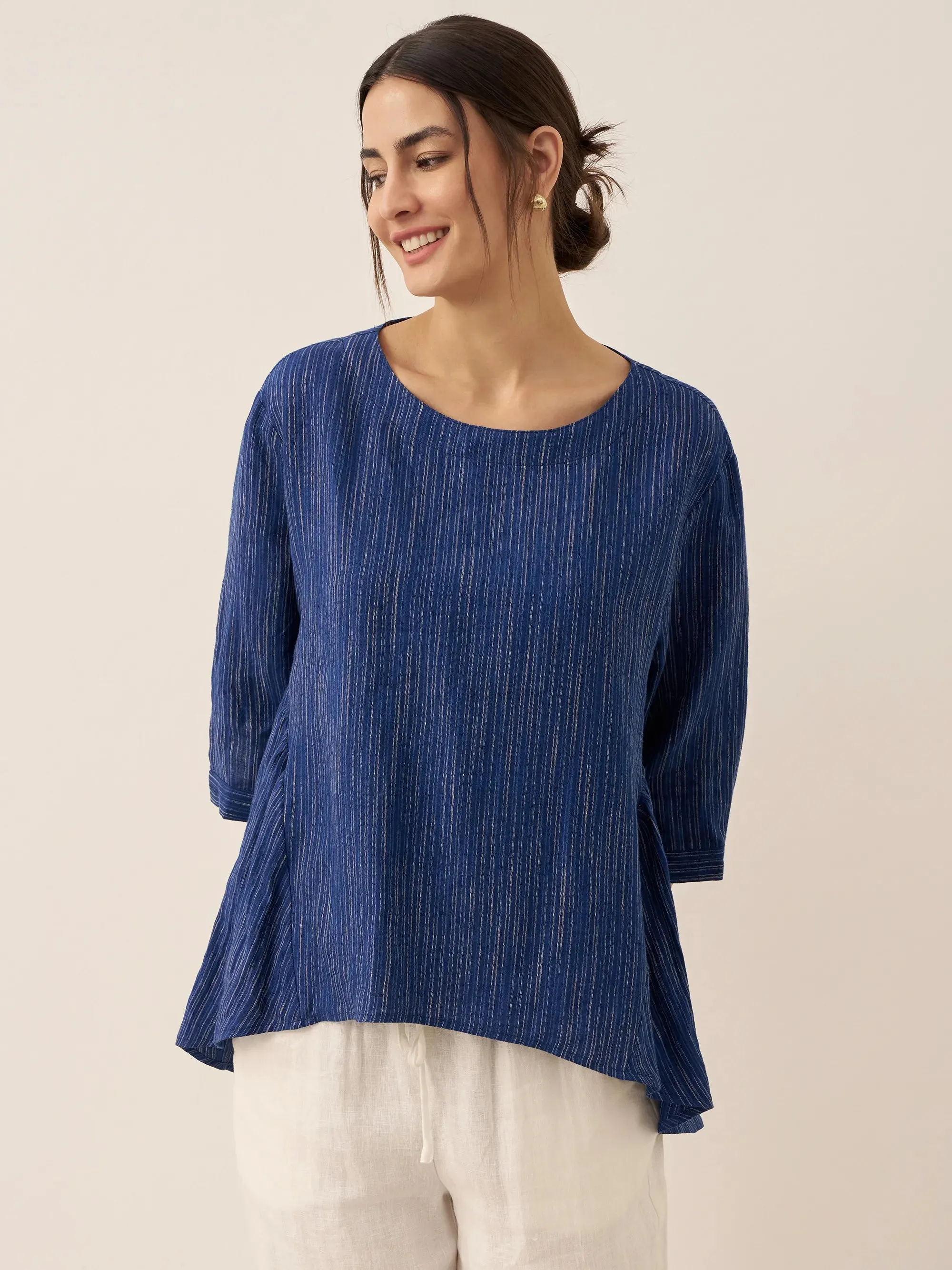 100% Linen Round Neck Artistic Stripe Top FLORENCE sold by Lintico