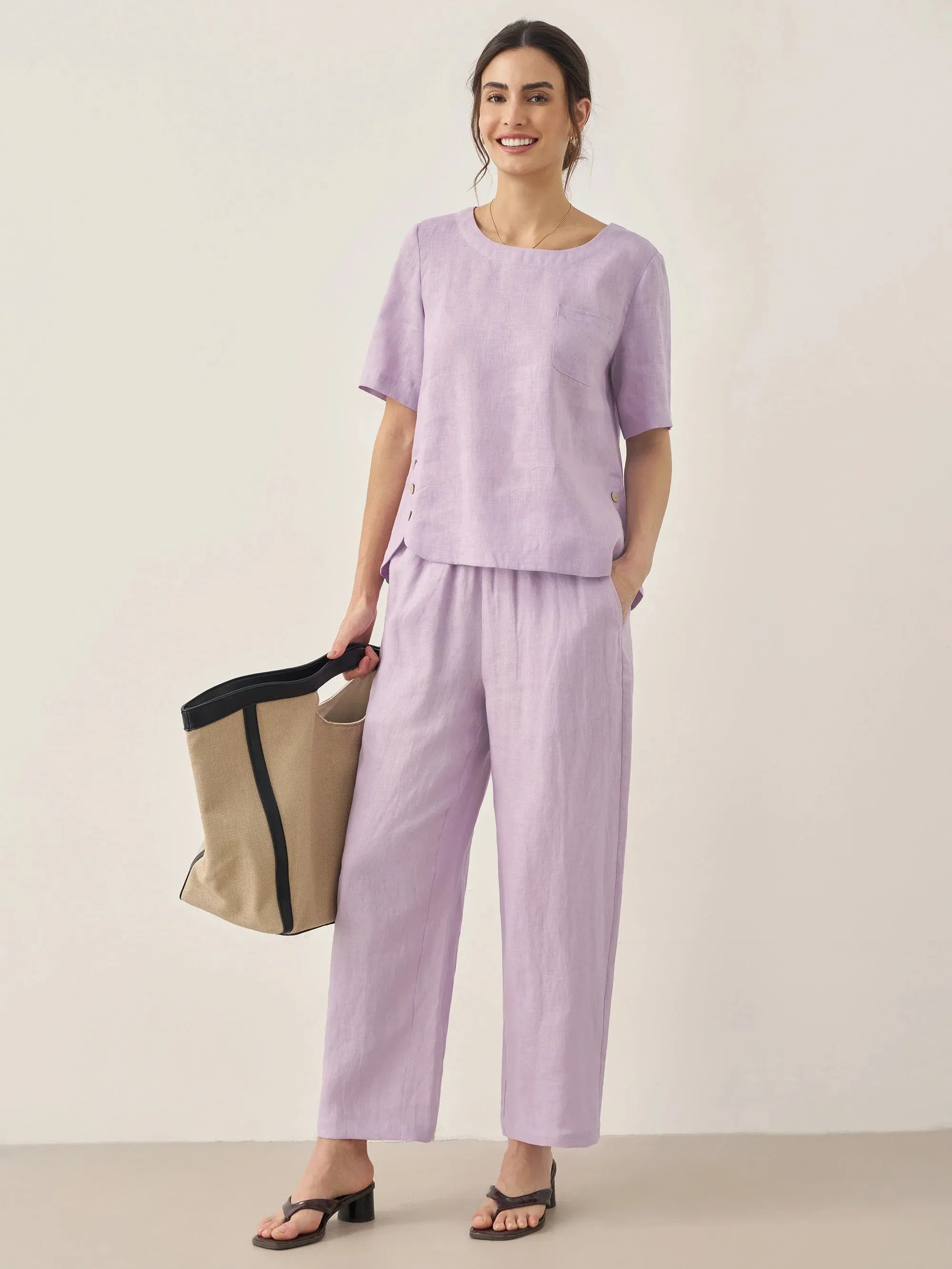 100% Linen Short-Sleeve Round Neck Button Detail Top & Pants Set SASHA sold by Lintico product image thumbnail 4