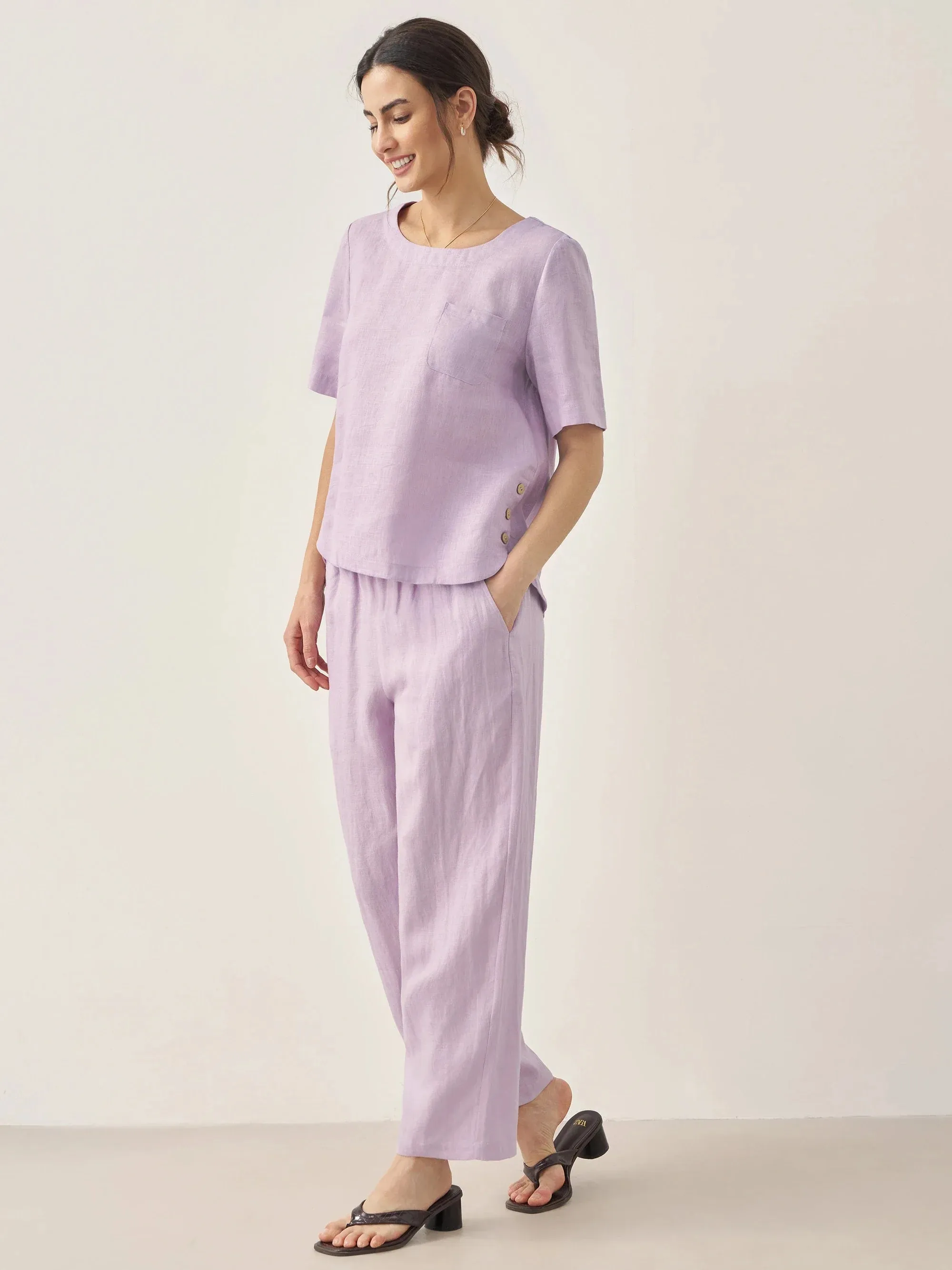 100% Linen Short-Sleeve Round Neck Button Detail Top & Pants Set SASHA sold by Lintico product image thumbnail 2