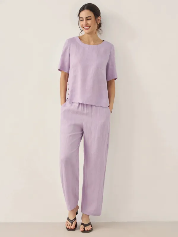 100% Linen Short-Sleeve Round Neck Button Detail Top & Pants Set SASHA sold by Lintico