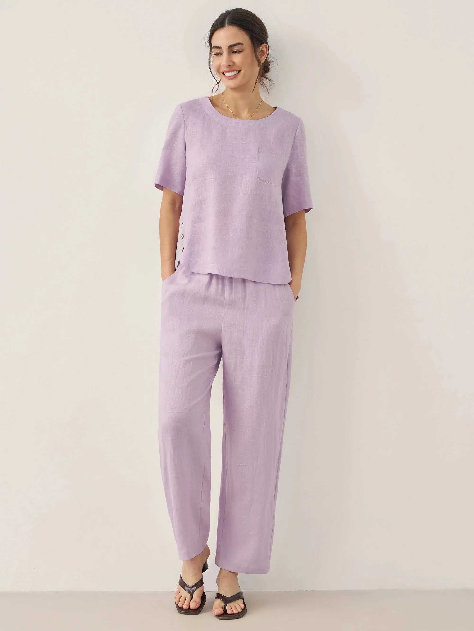 100% Linen Short-Sleeve Round Neck Button Detail Top & Pants Set SASHA sold by Lintico