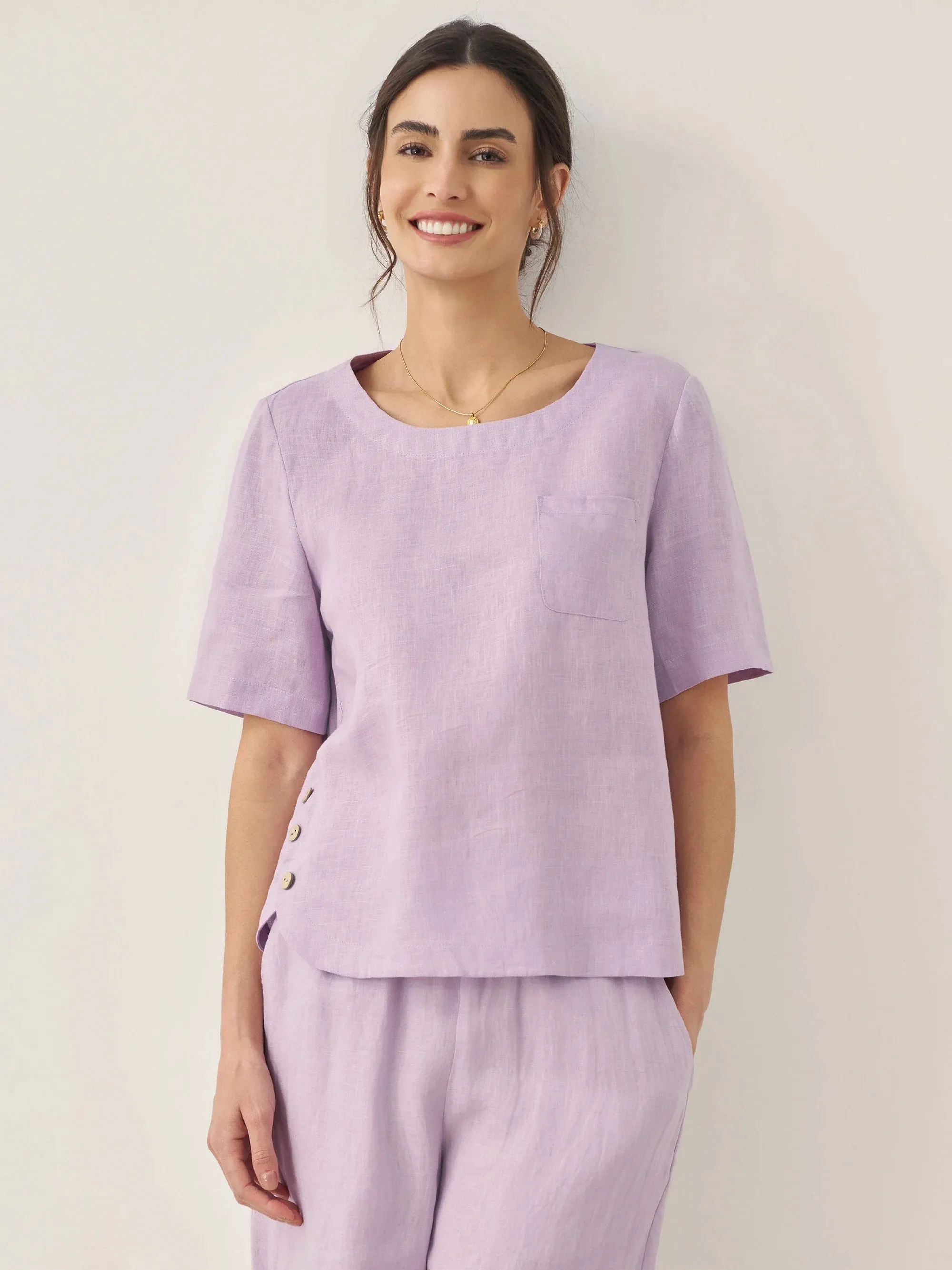 100% Linen Short-Sleeve Round Neck Button Detail Top & Pants Set SASHA sold by Lintico product image thumbnail 5