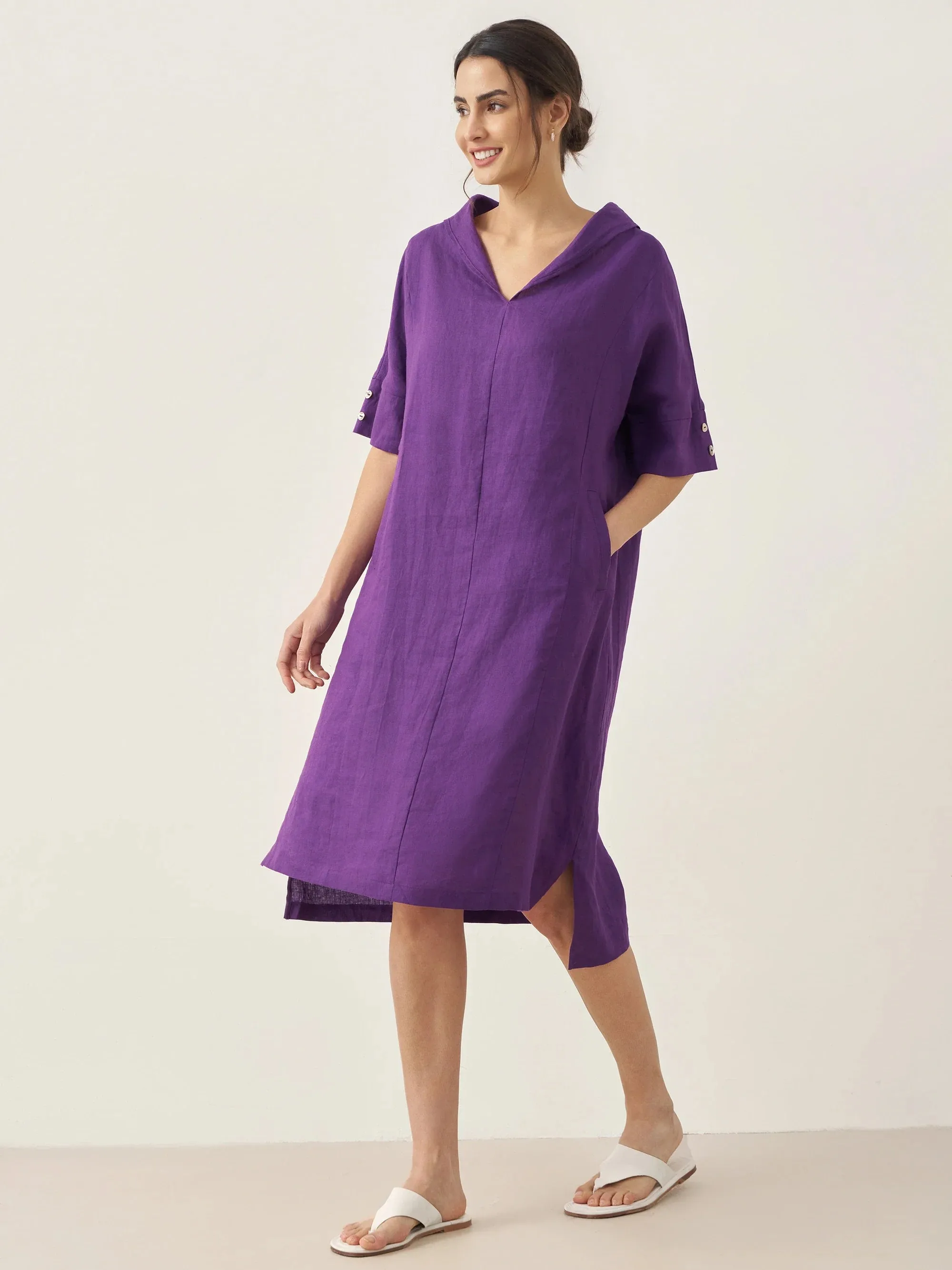 100% Linen V-Neck Pullover Midi Dress AUBREY sold by Lintico