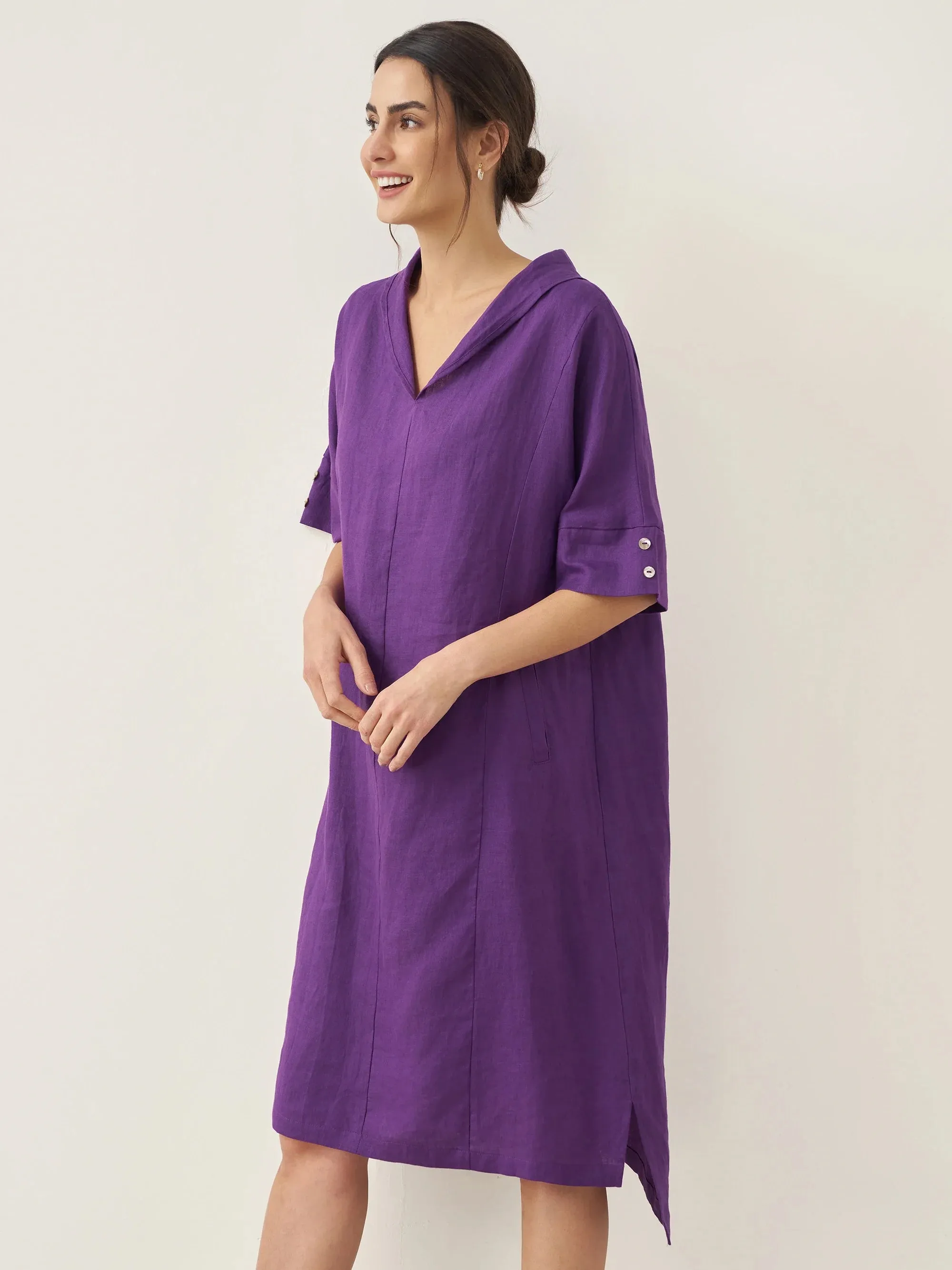 100% Linen V-Neck Pullover Midi Dress AUBREY sold by Lintico product image thumbnail 4