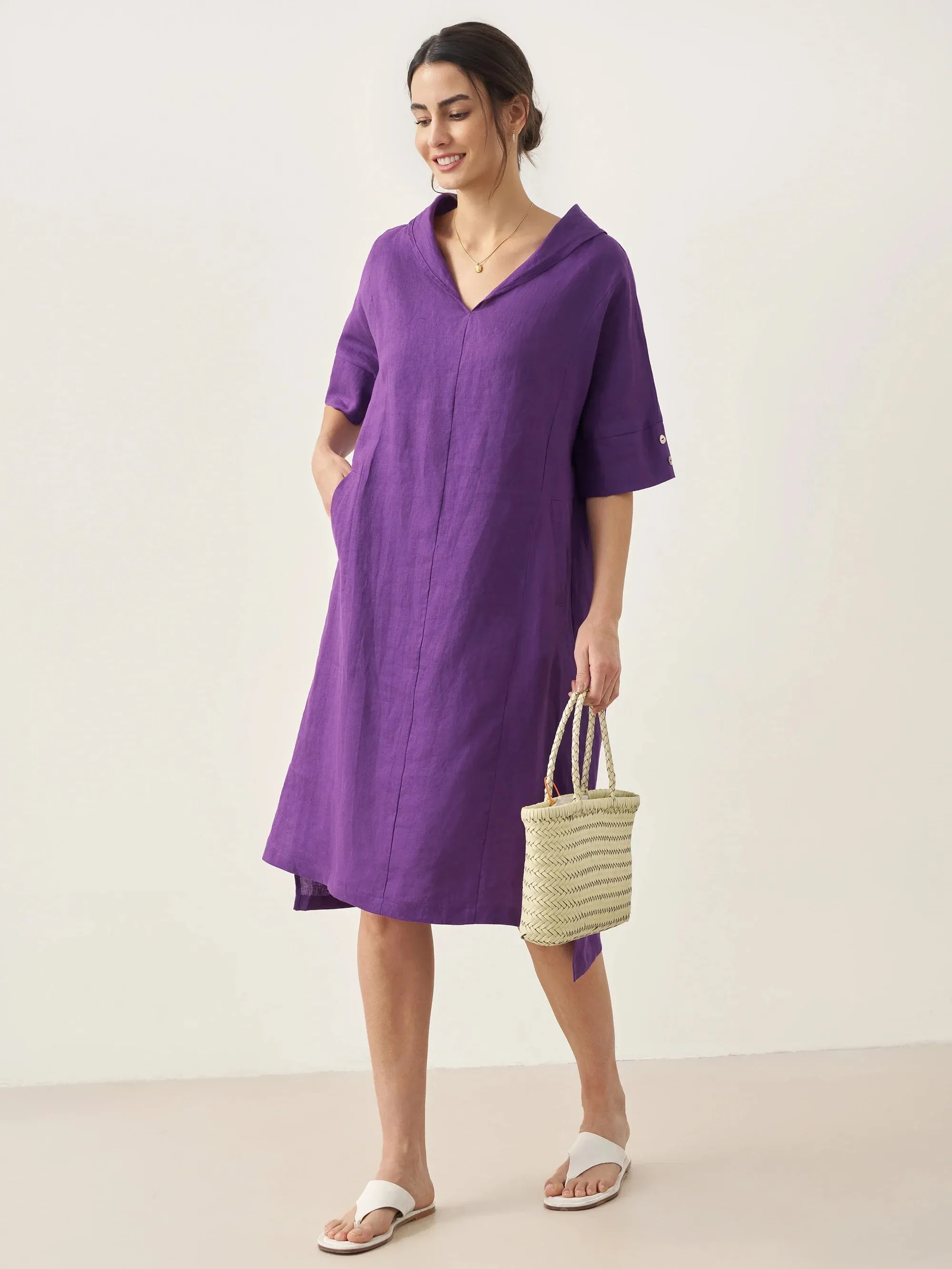 100% Linen V-Neck Pullover Midi Dress AUBREY sold by Lintico product image thumbnail 2