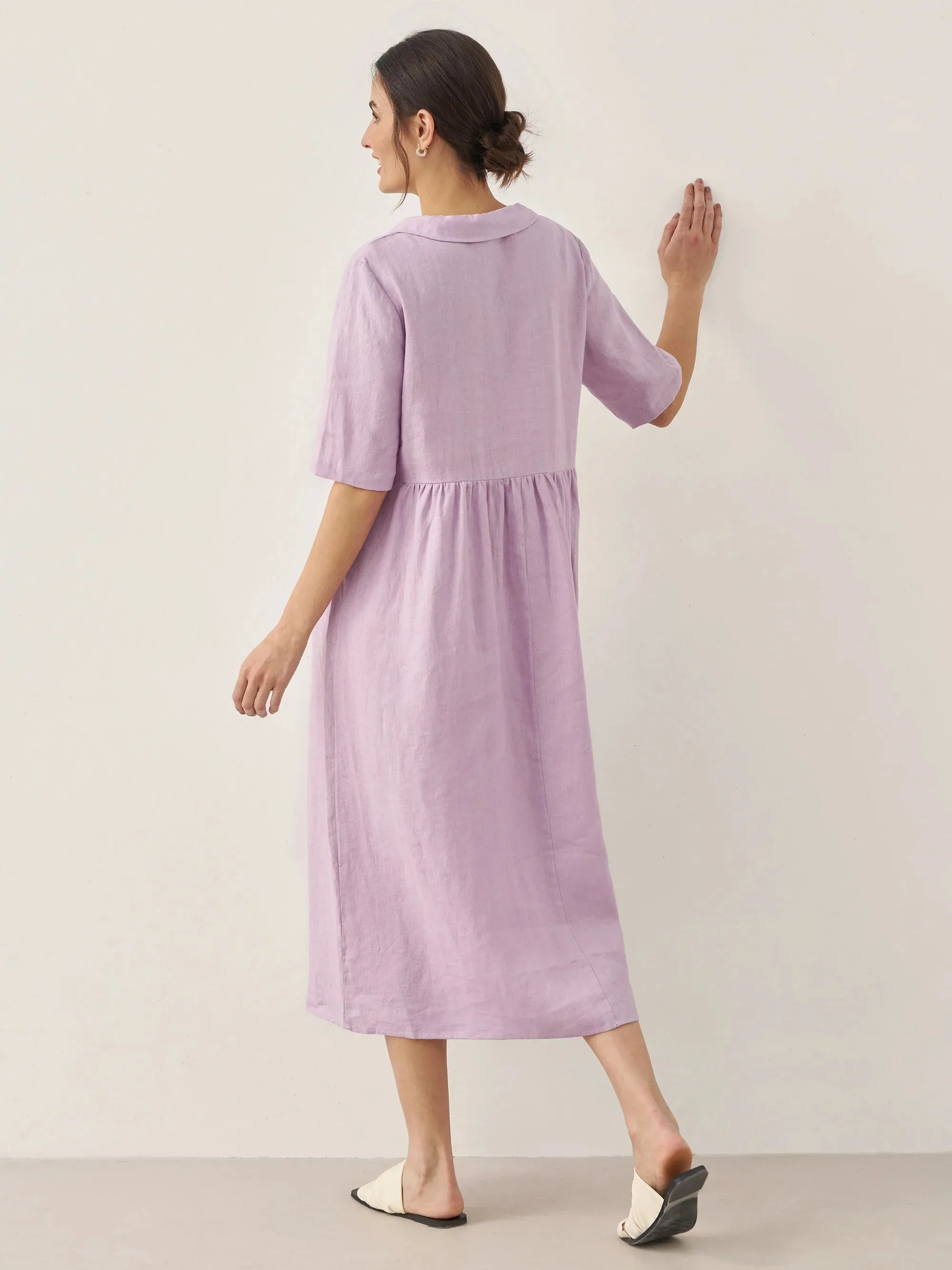 100% Linen Shawl V-Neck Pleated Maxi Dress SUSAN sold by Lintico product image thumbnail 2