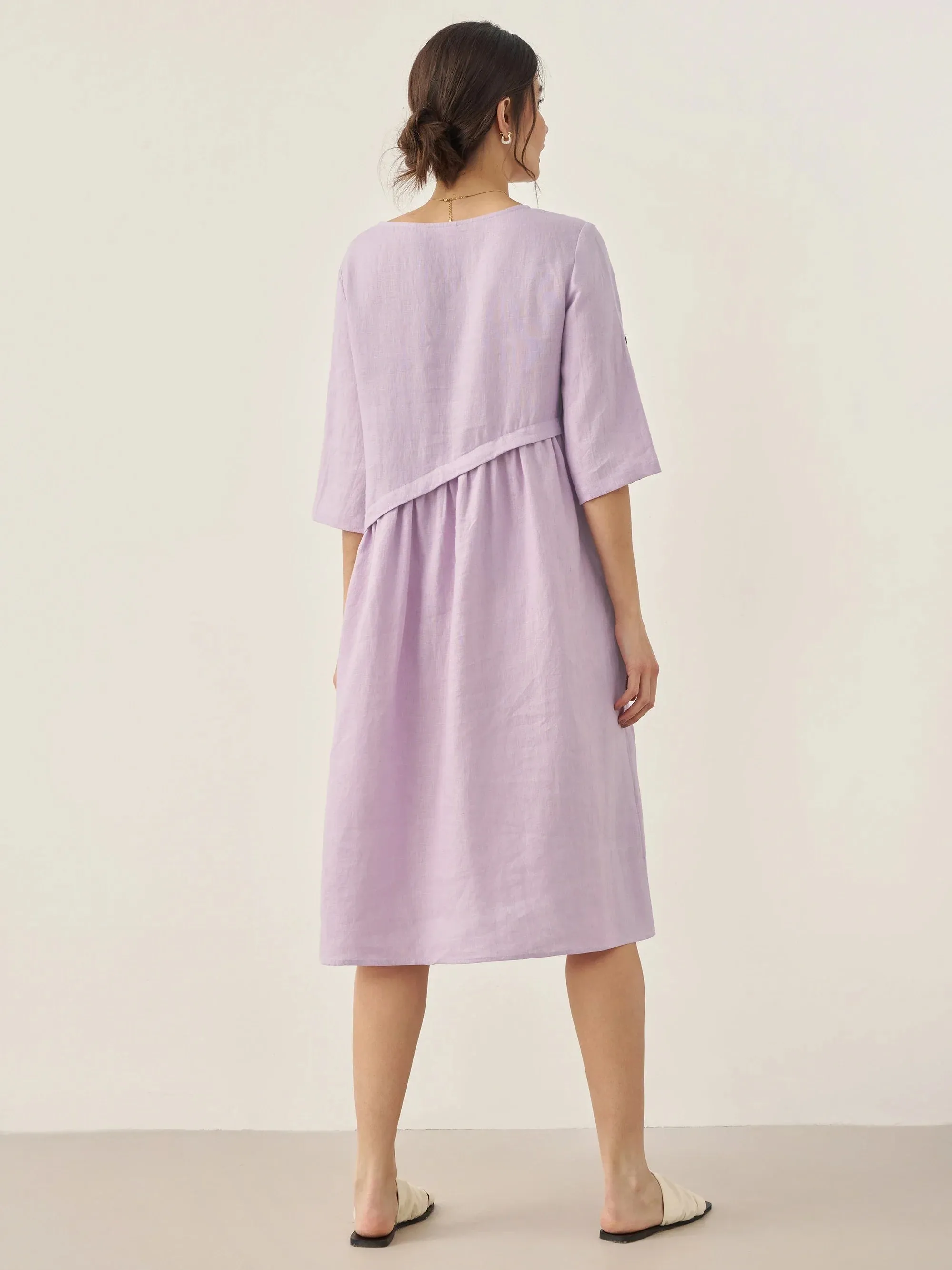 100% Linen Asymmetrical Pleated Round Neck Midi Dress YOLANDA sold by Lintico product image thumbnail 3