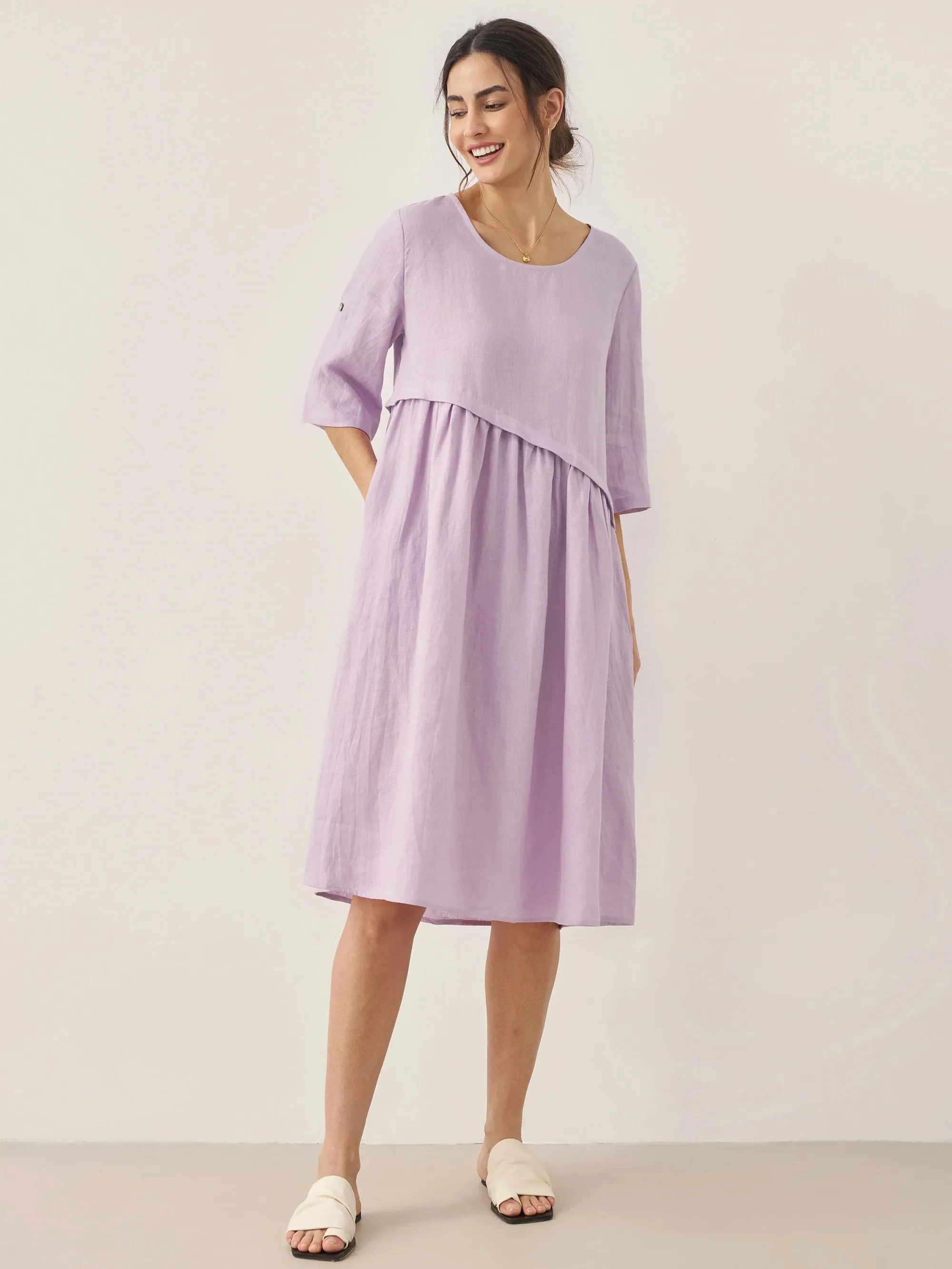 100% Linen Asymmetrical Pleated Round Neck Midi Dress YOLANDA sold by Lintico