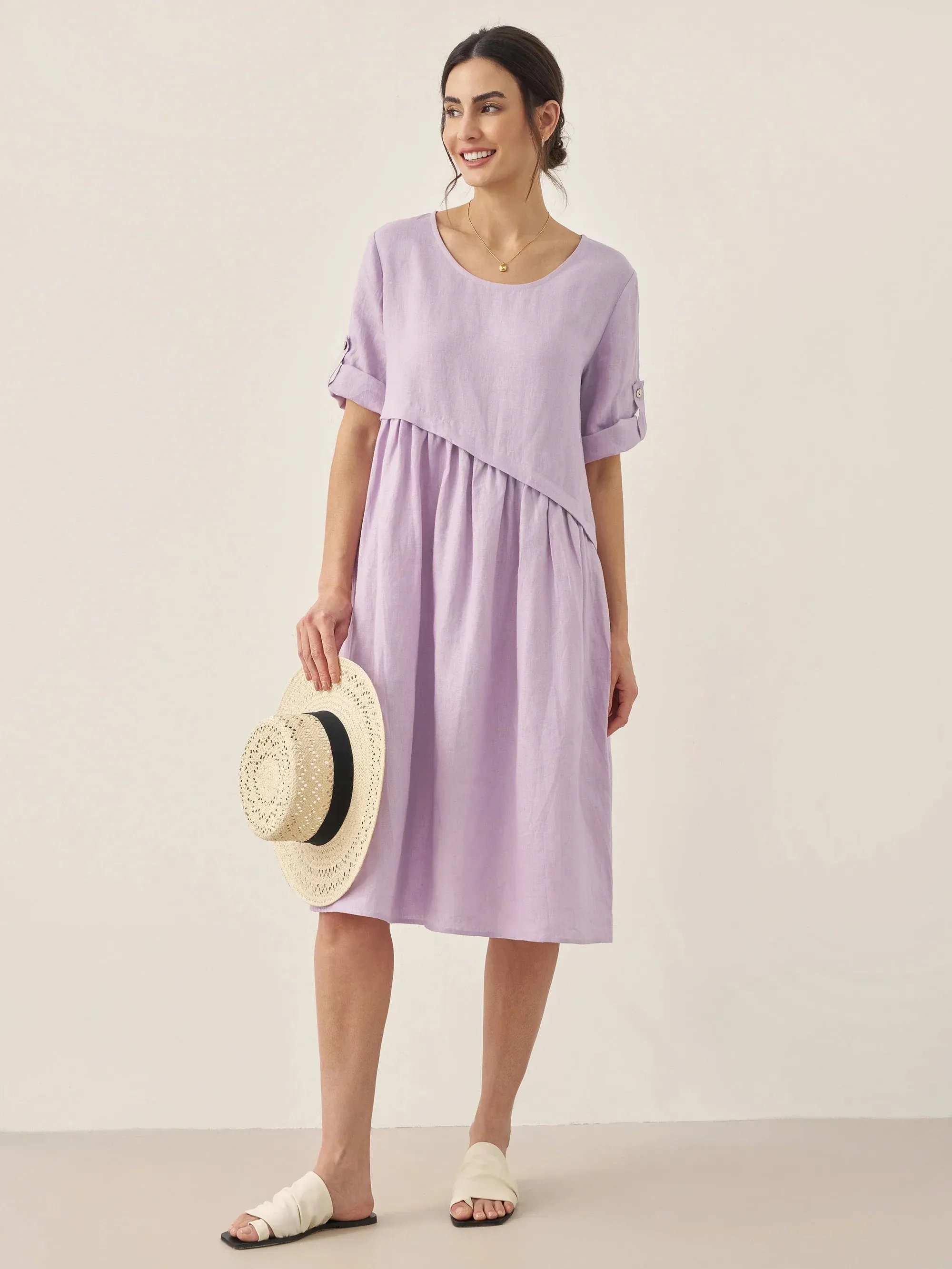 100% Linen Asymmetrical Pleated Round Neck Midi Dress YOLANDA sold by Lintico product image thumbnail 5