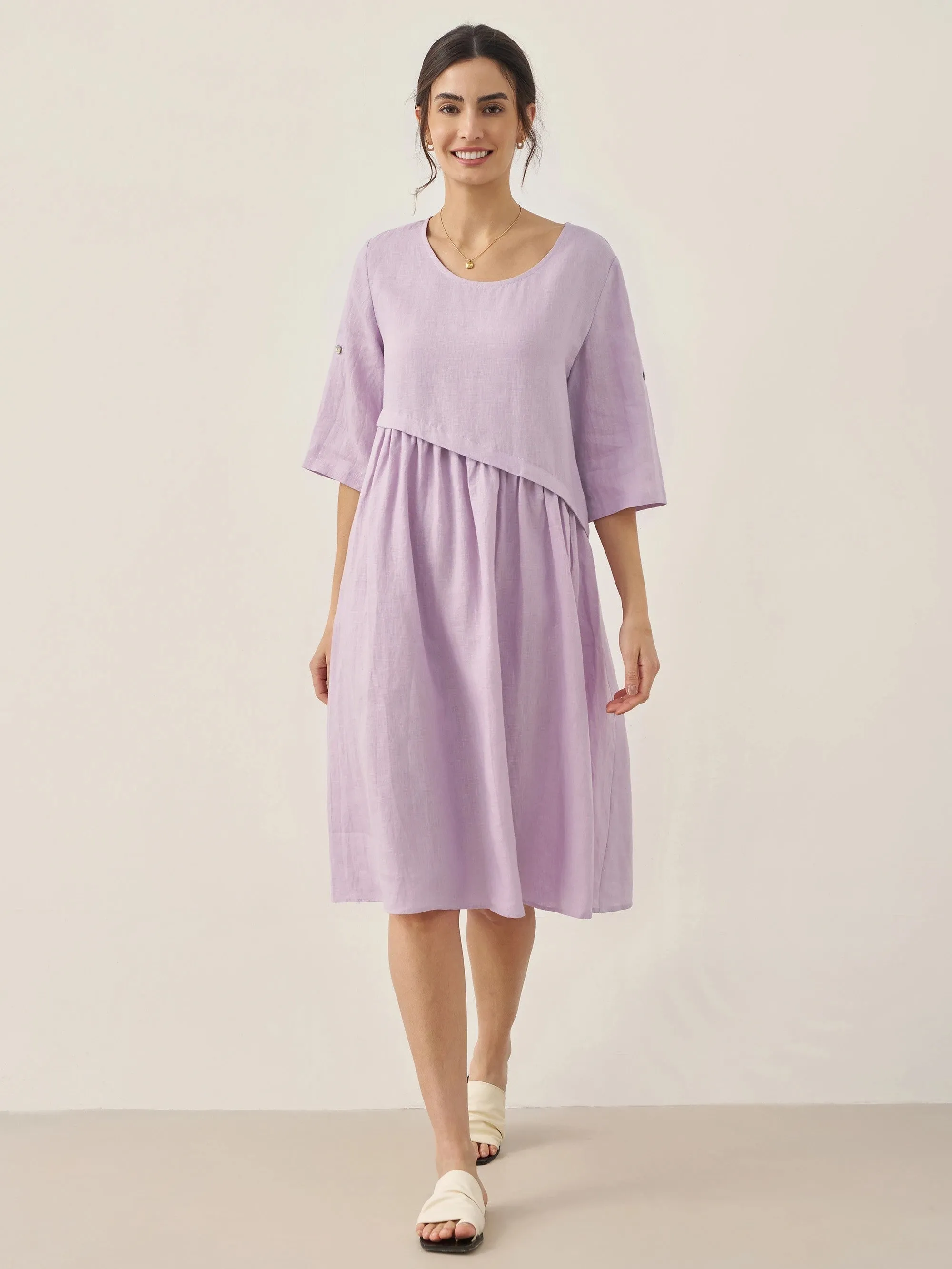 100% Linen Asymmetrical Pleated Round Neck Midi Dress YOLANDA sold by Lintico product image thumbnail 4