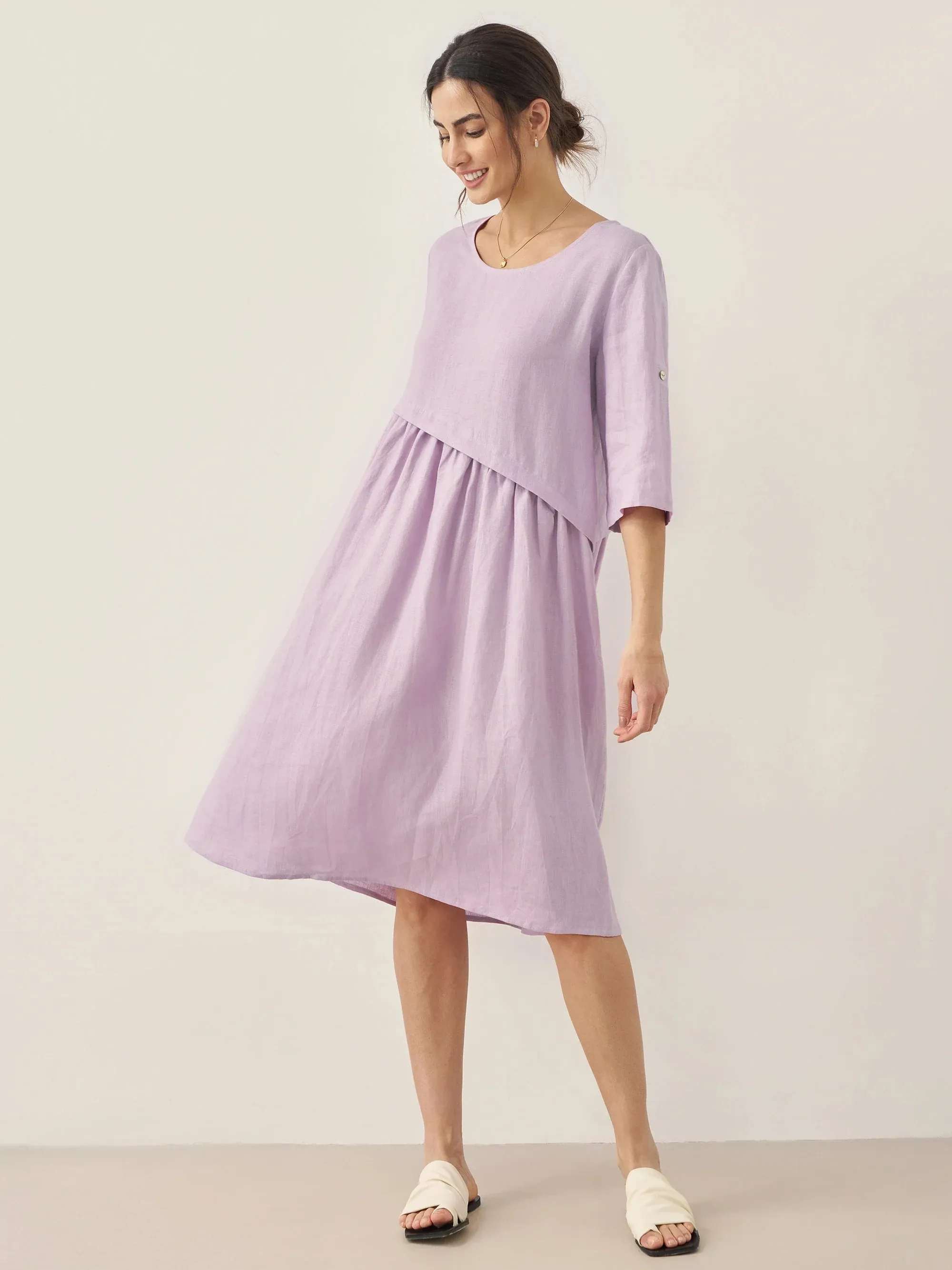 100% Linen Asymmetrical Pleated Round Neck Midi Dress YOLANDA sold by Lintico product image thumbnail 2