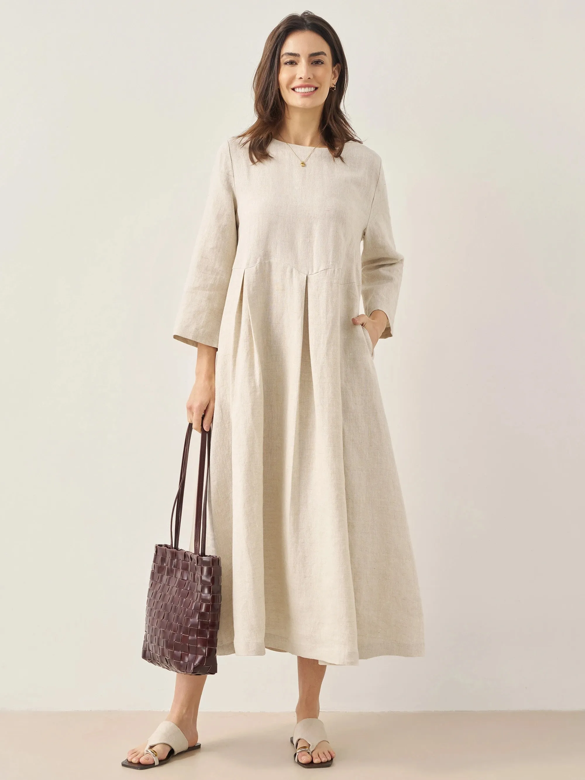 100% Linen Bateau Neck Pleated Maxi Dress ABIGAIL sold by Lintico