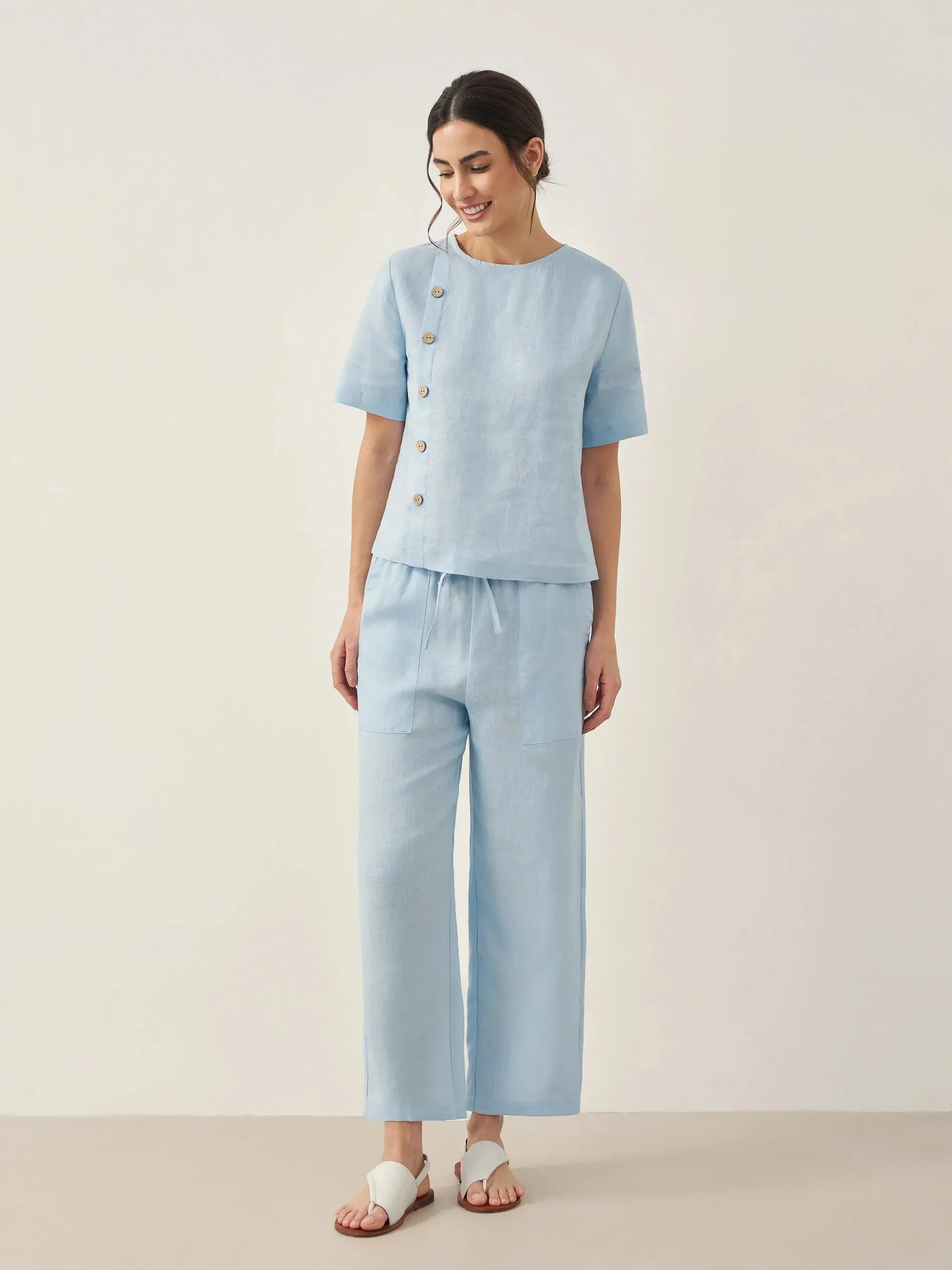 100% Linen Short-Sleeve Round Neck Button Detail Top & Pants Set JOSIE sold by Lintico product image thumbnail 4