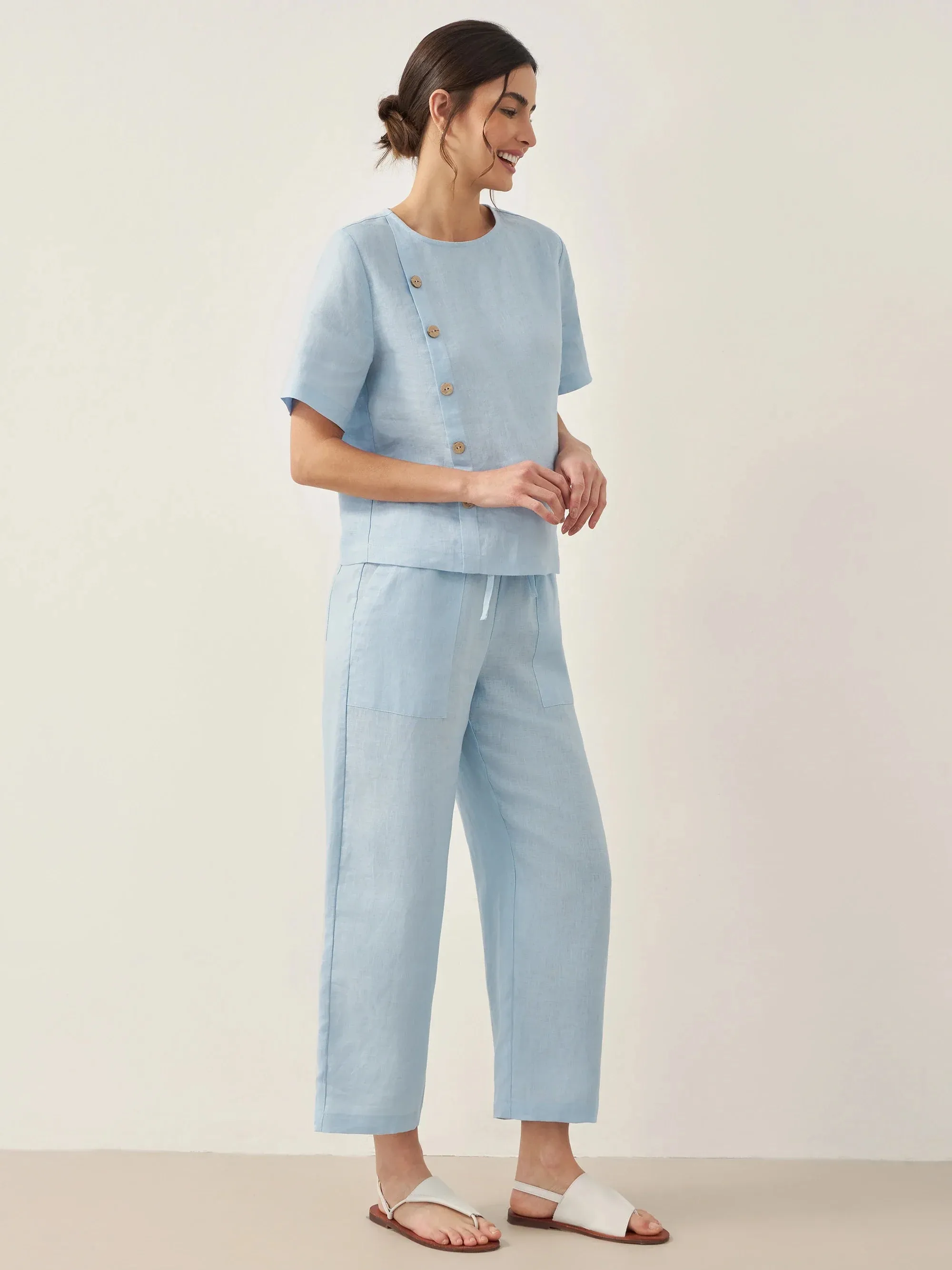 100% Linen Short-Sleeve Round Neck Button Detail Top & Pants Set JOSIE sold by Lintico product image thumbnail 2