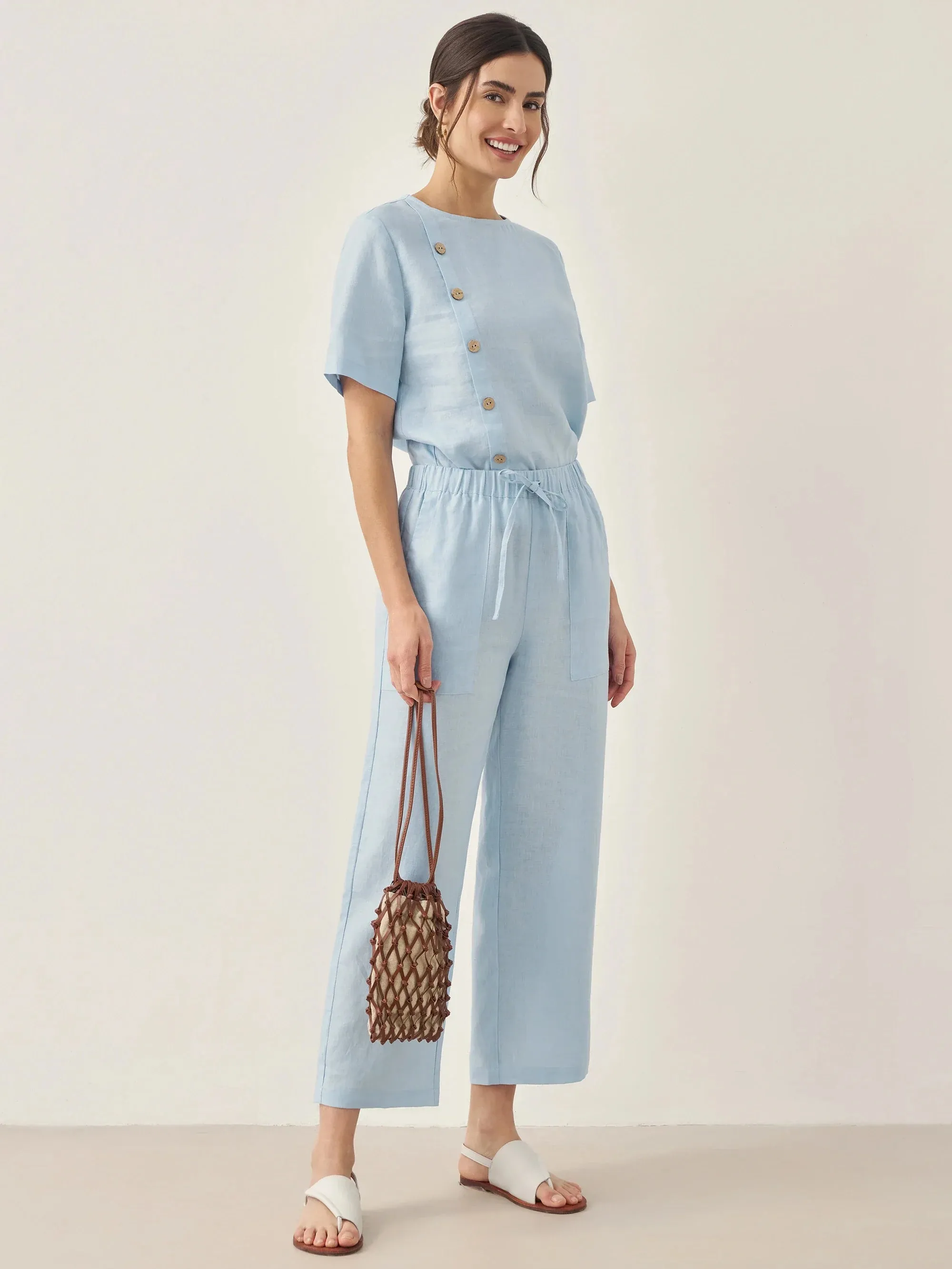 100% Linen Short-Sleeve Round Neck Button Detail Top & Pants Set JOSIE sold by Lintico product image thumbnail 5