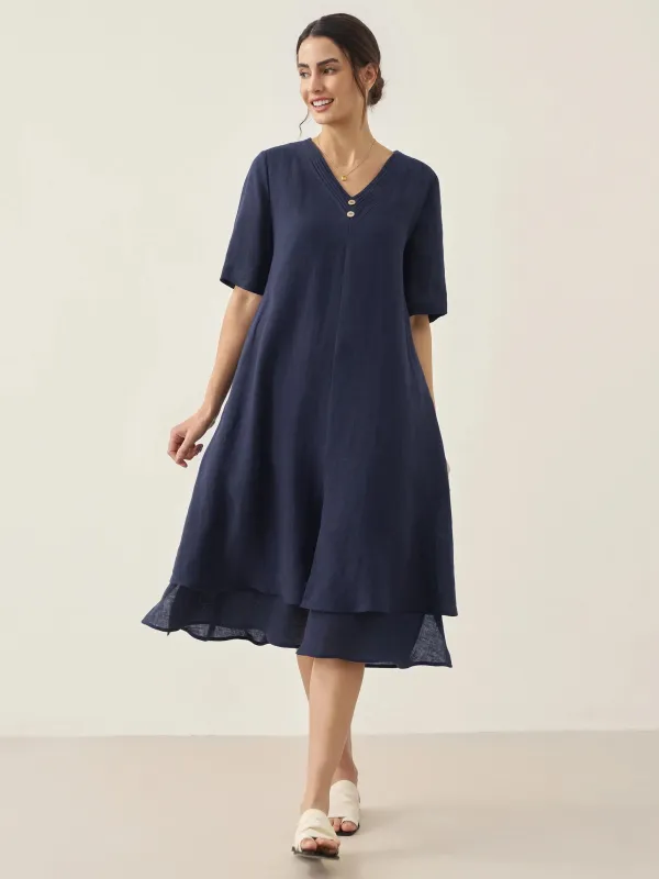 100% Linen V-Neck Double-Layer Midi Dress JAYDA sold by Lintico