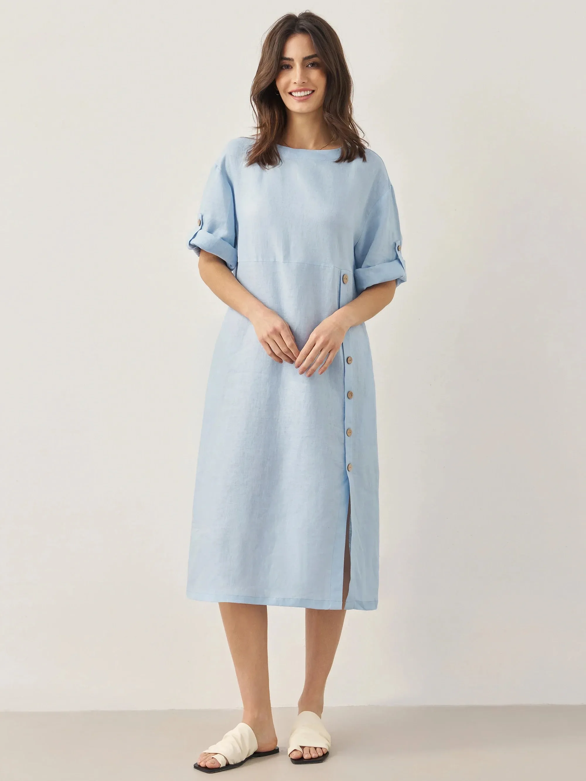 100% Linen Round Neck Button Detail Midi Dress JELENA sold by Lintico product image thumbnail 3