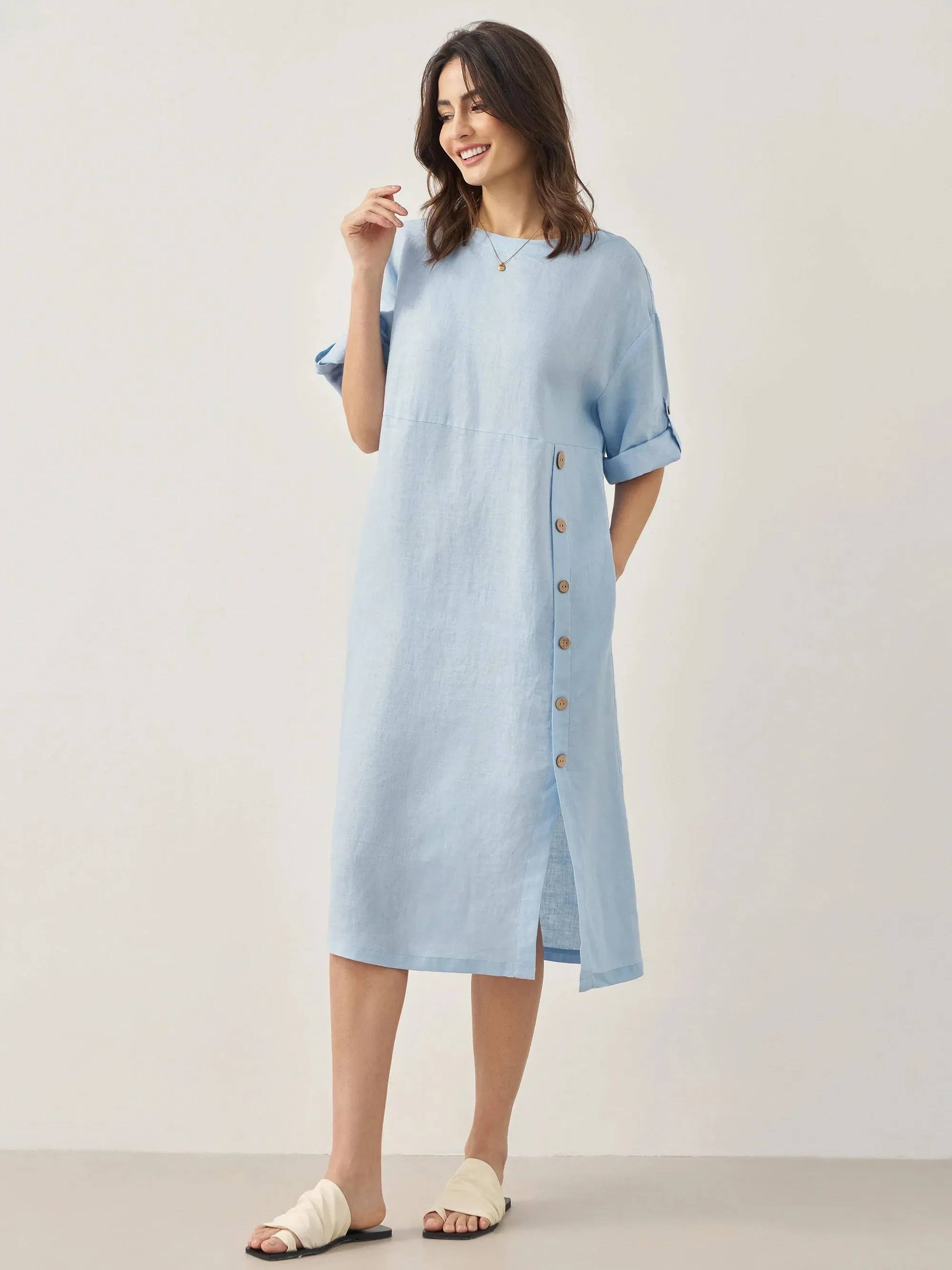 100% Linen Round Neck Button Detail Midi Dress JELENA sold by Lintico product image thumbnail 5