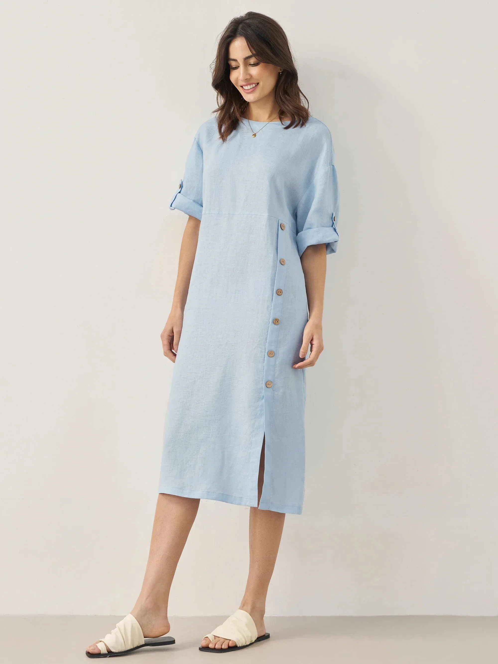 100% Linen Round Neck Button Detail Midi Dress JELENA sold by Lintico product image thumbnail 2
