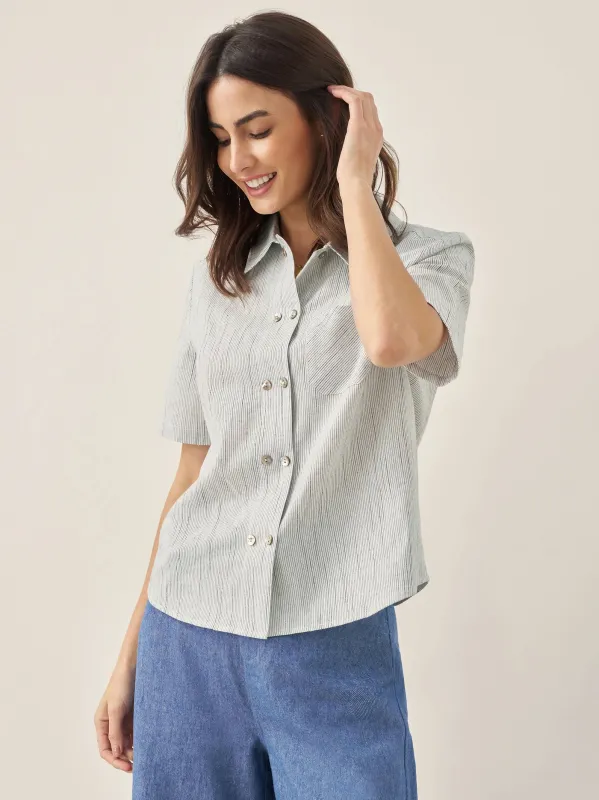 Linen Double-Breasted Artistic Stripe Shirt JUNO sold by Lintico