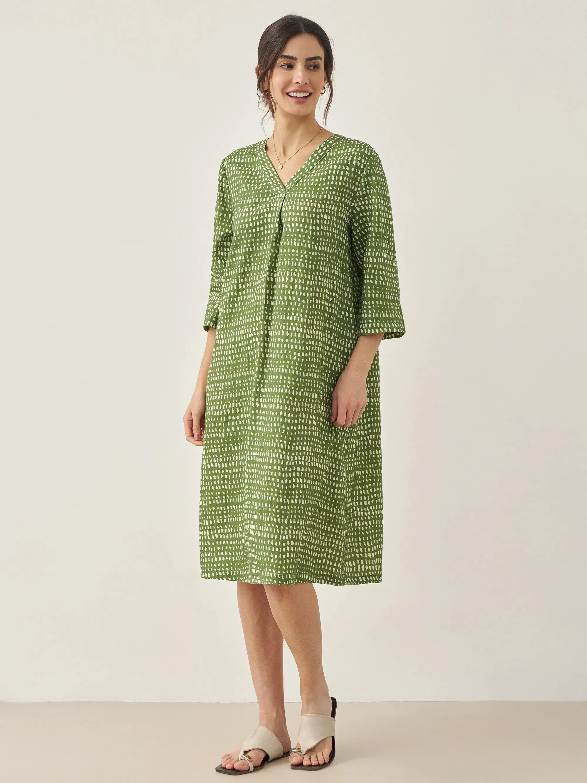 100% Linen V-Neck Dot Midi Dress LIRA sold by Lintico