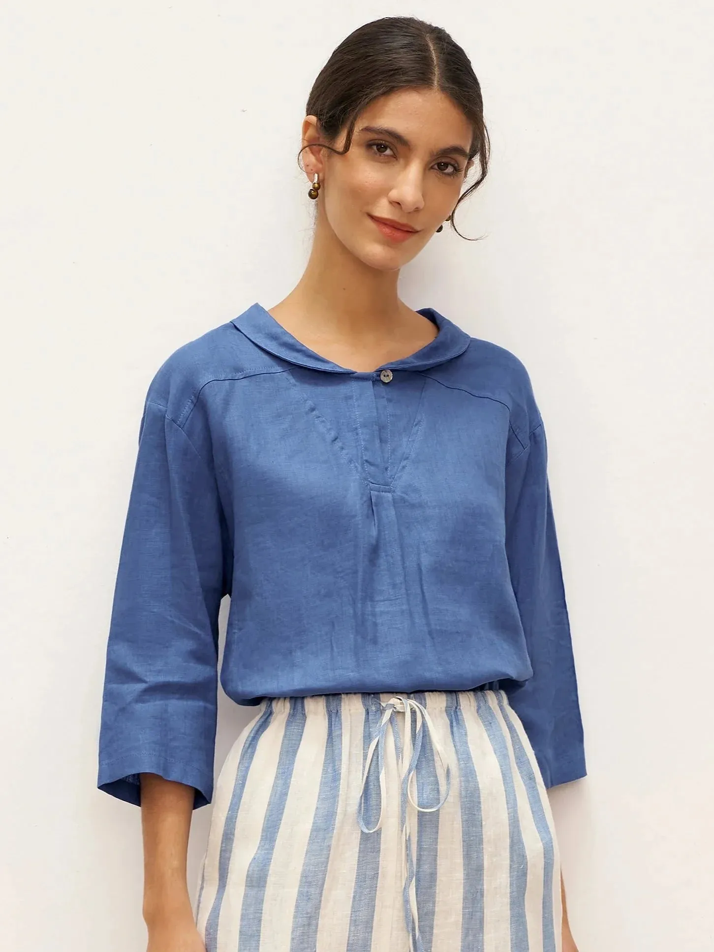 100% Linen Shawl V-Neck Half Sleeve Top JADE sold by Lintico product image thumbnail 2