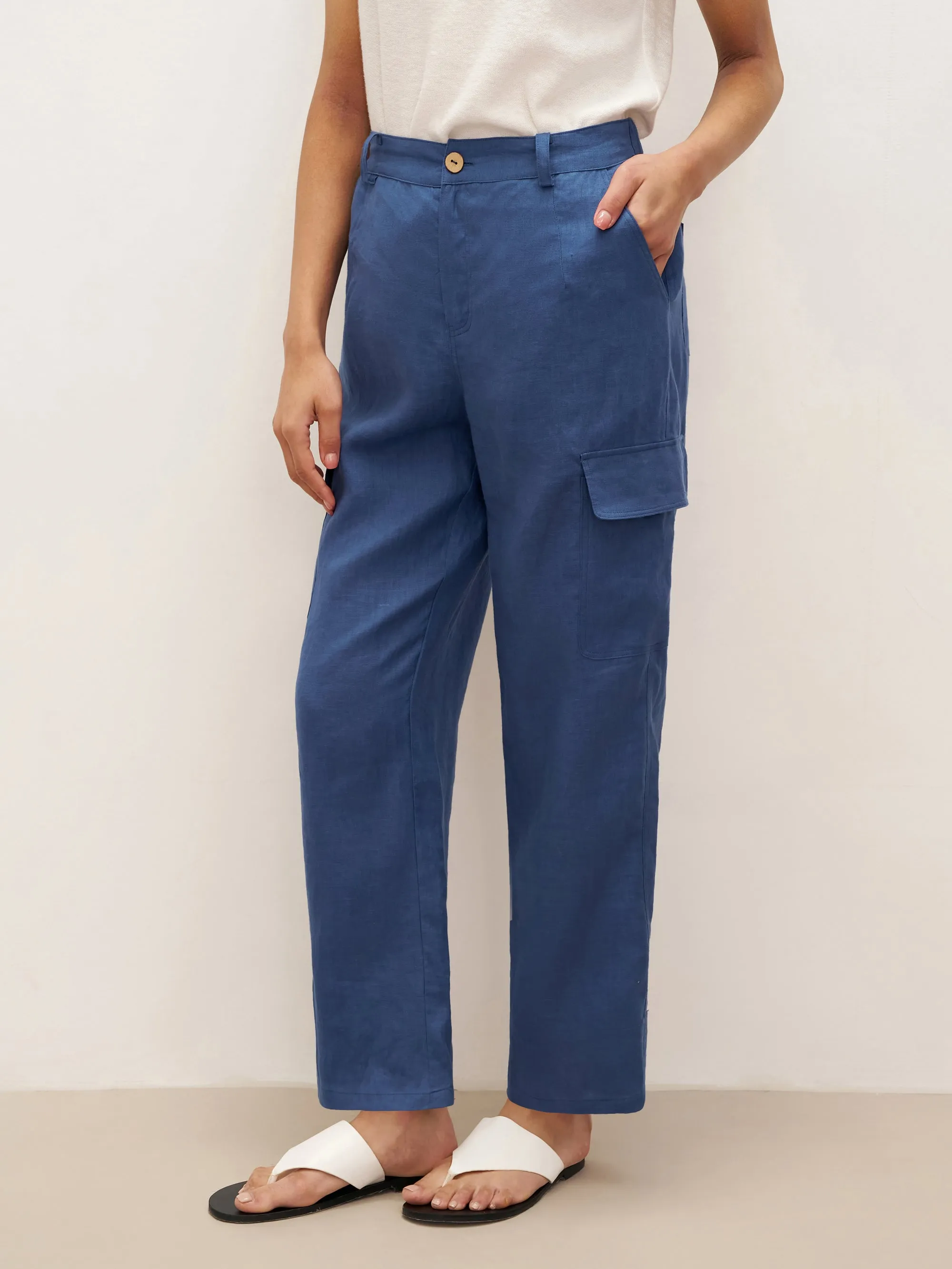 100% Linen Cargo Tapered Trousers with Patch Pockets JESSE sold by Lintico