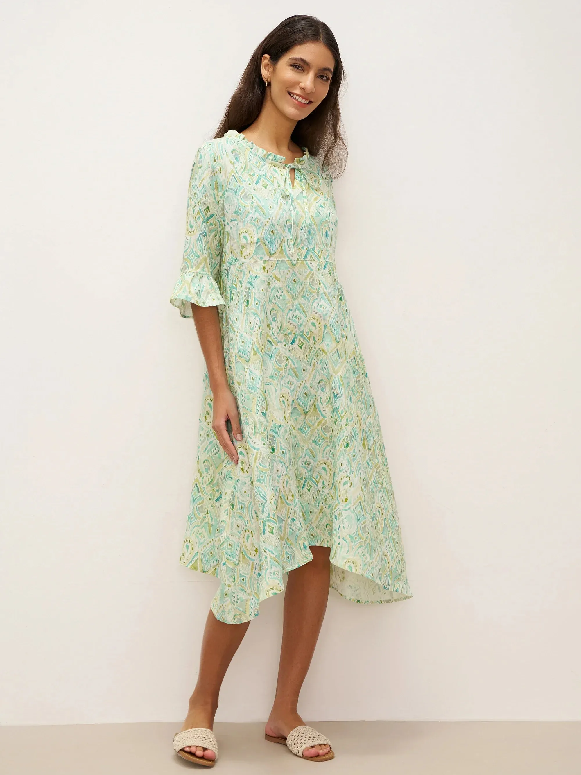 100% Linen A-Line Ruffled Collar Tie-Neck Midi Dress LIVIA sold by Lintico
