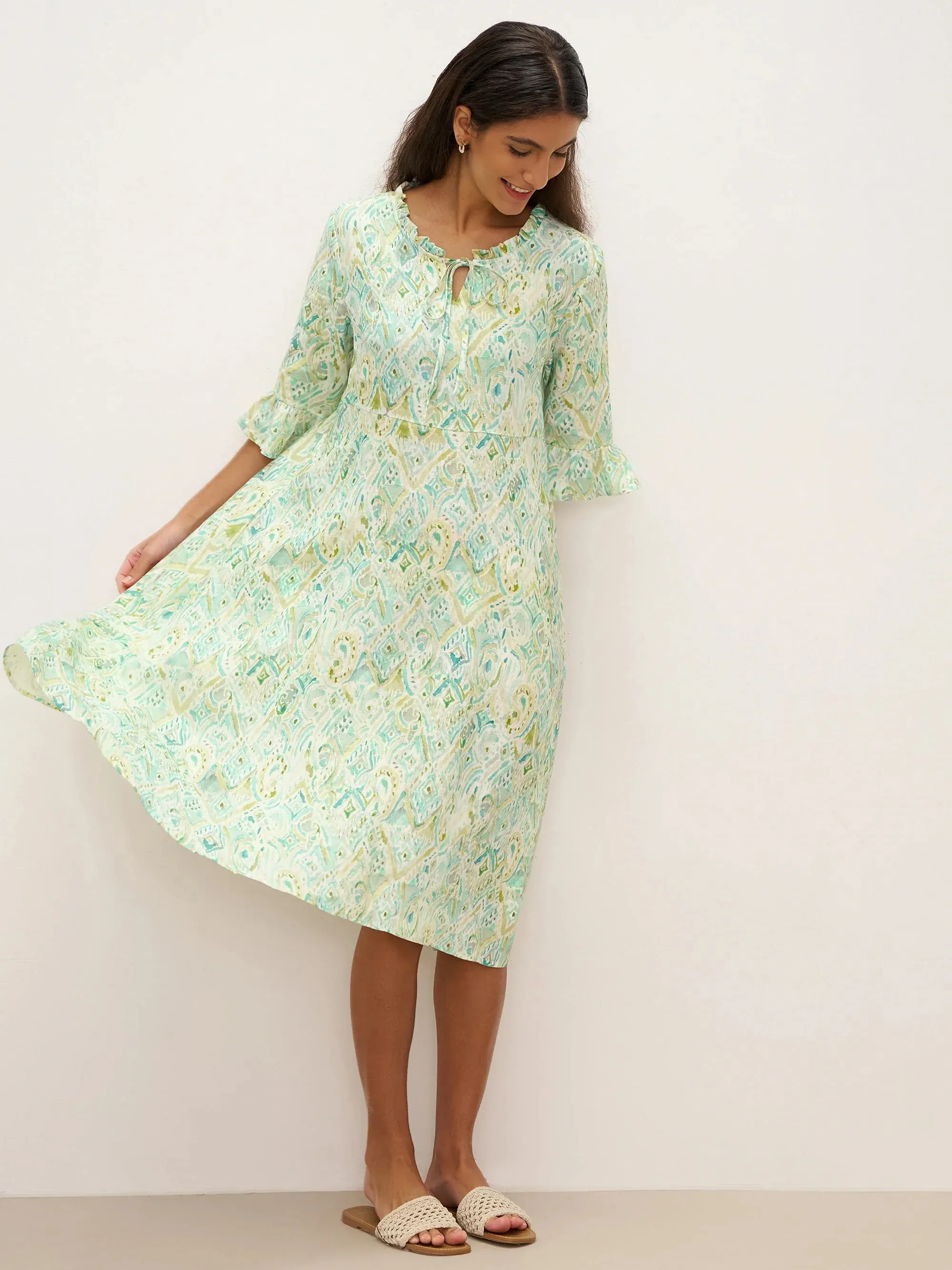 100% Linen A-Line Ruffled Collar Tie-Neck Midi Dress LIVIA sold by Lintico product image thumbnail 5