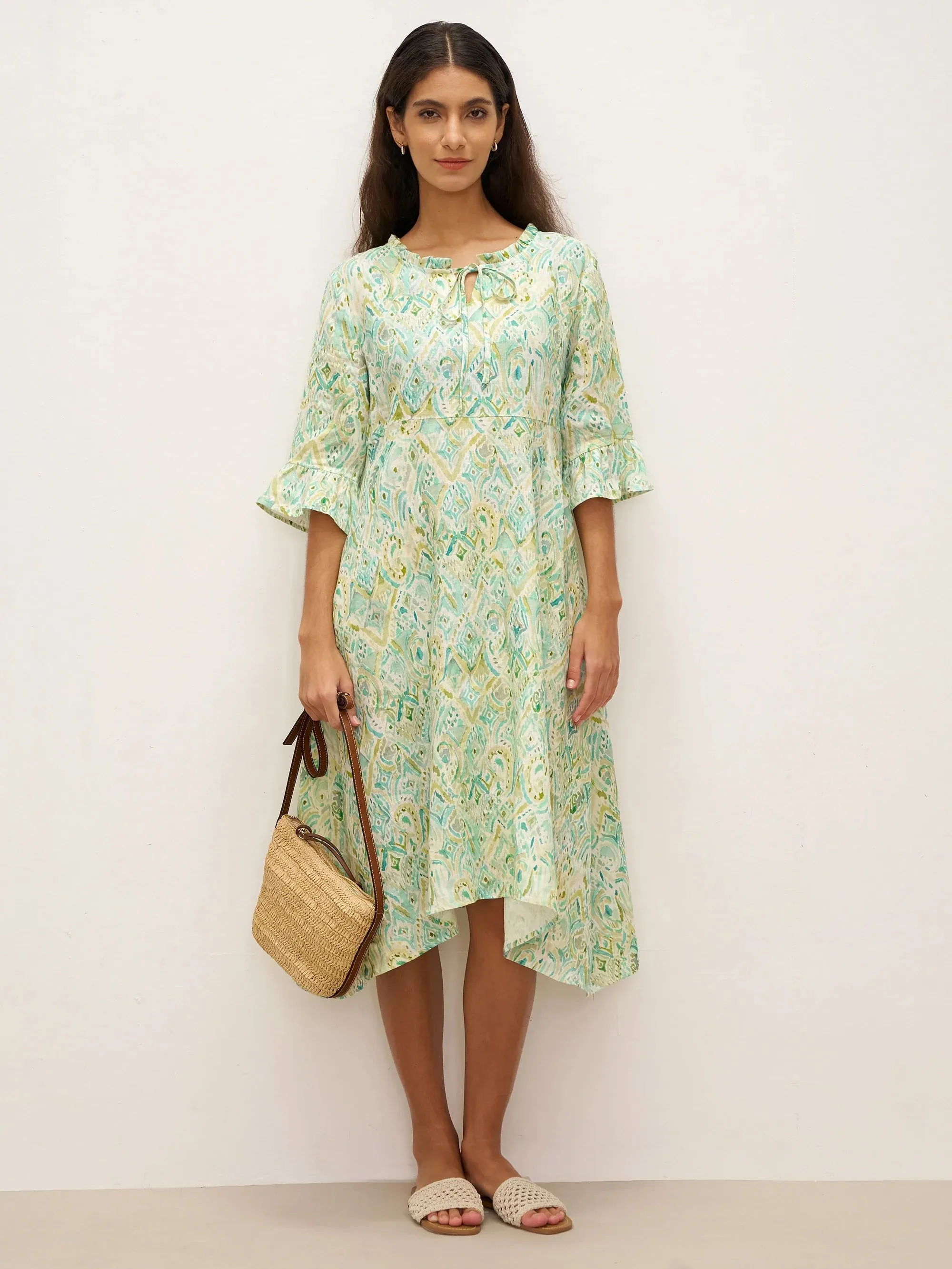 100% Linen A-Line Ruffled Collar Tie-Neck Midi Dress LIVIA sold by Lintico product image thumbnail 4
