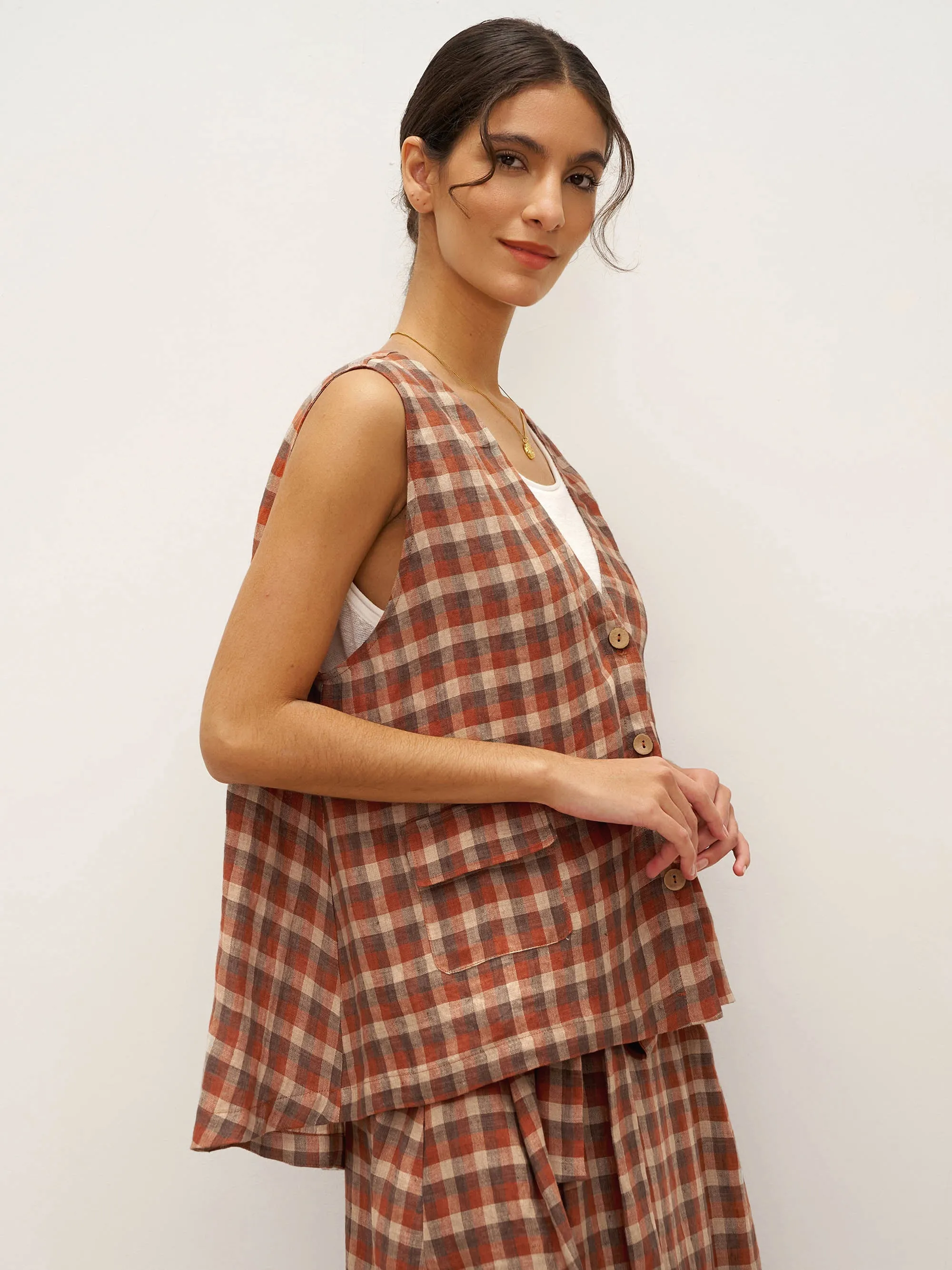 100% Linen V-Neck Checked Oversized Vest DORIS sold by Lintico product image thumbnail 2