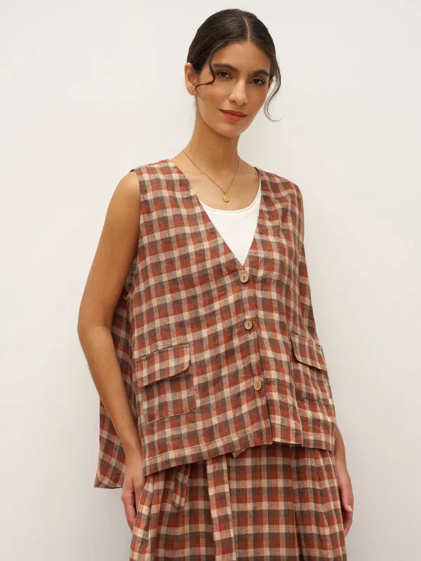 100% Linen V-Neck Checked Oversized Vest DORIS sold by Lintico