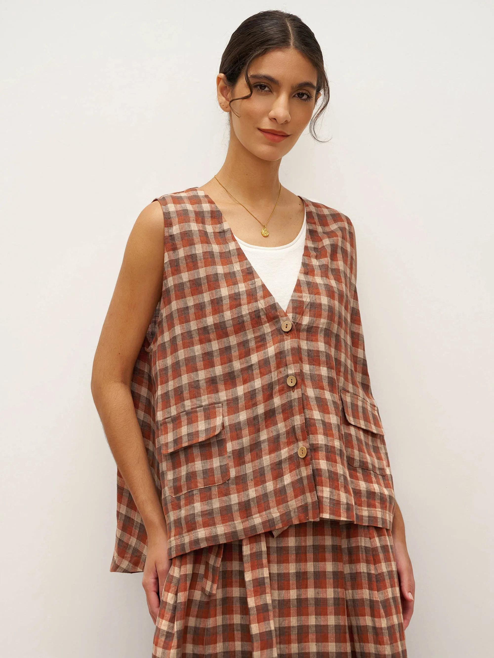 100% Linen V-Neck Checked Oversized Vest DORIS sold by Lintico