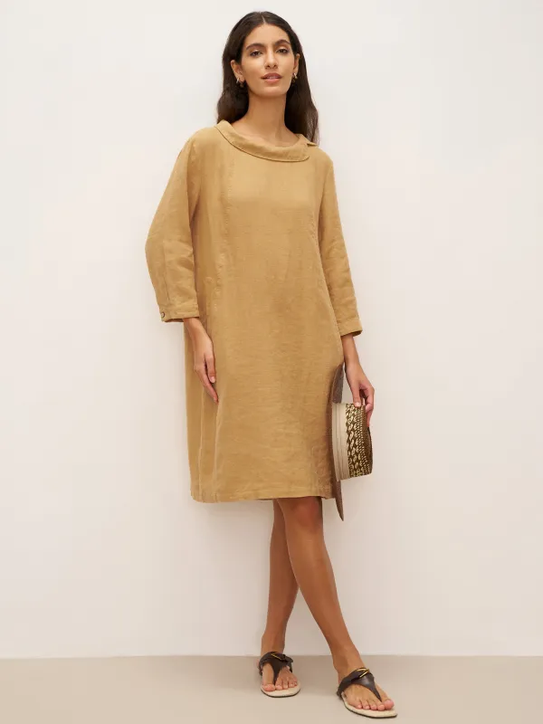100% Linen Round Soft-Fold Collar Midi Dress DORALEE sold by Lintico