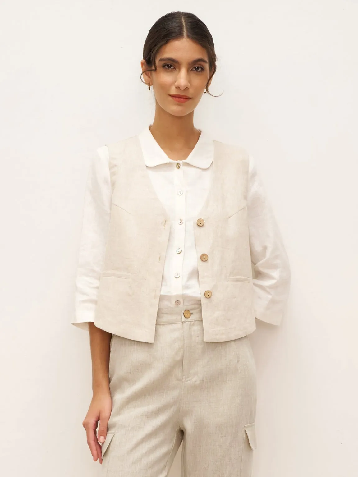 100% Linen V-Neck Buttoned Closure Vest DELIA sold by Lintico