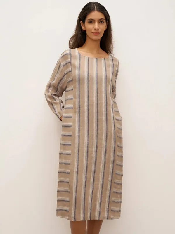 100% Linen Striped Crossweave Midi Dress ELSPETH sold by Lintico