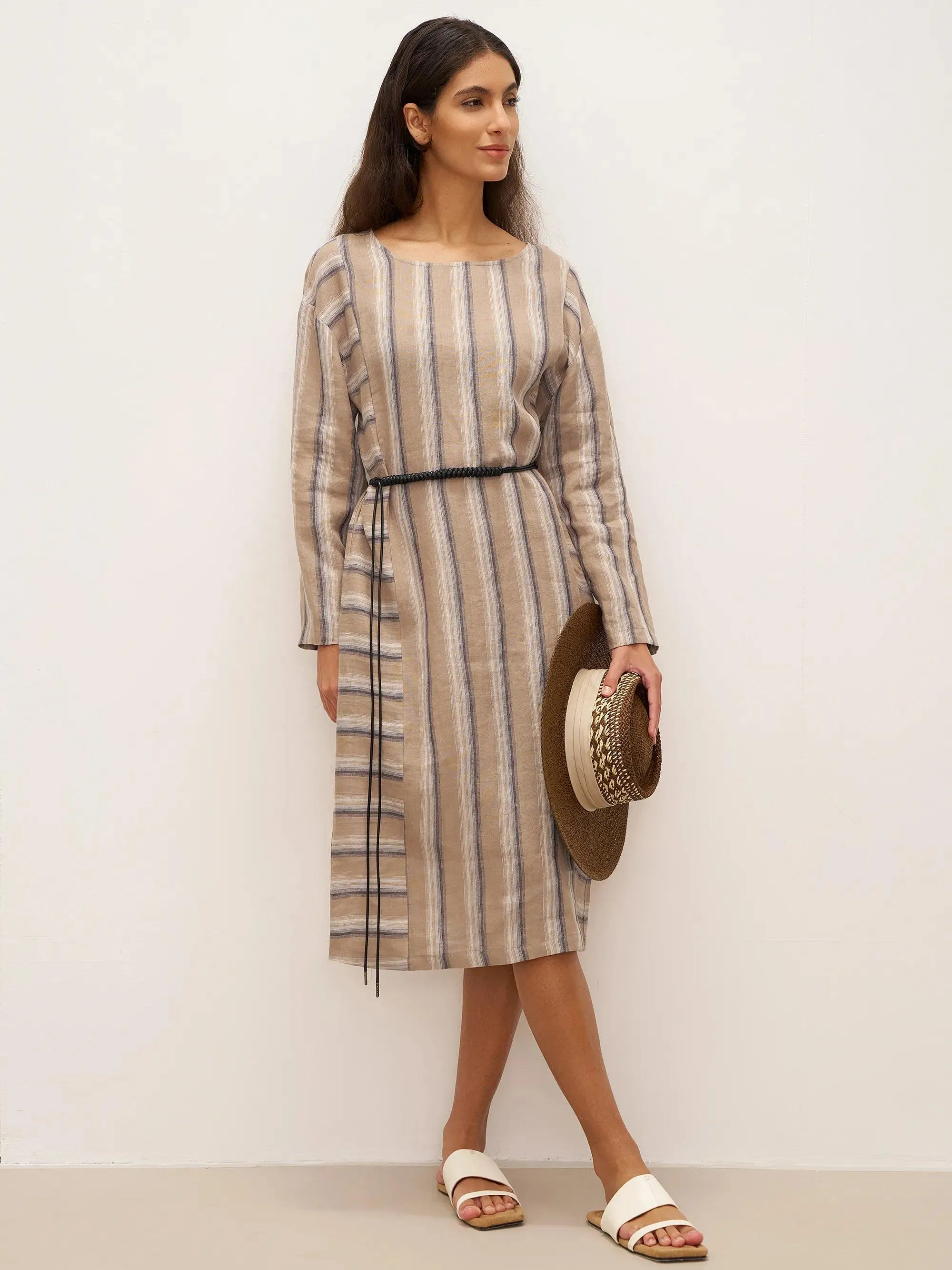 100% Linen Striped Crossweave Midi Dress ELSPETH sold by Lintico product image thumbnail 5