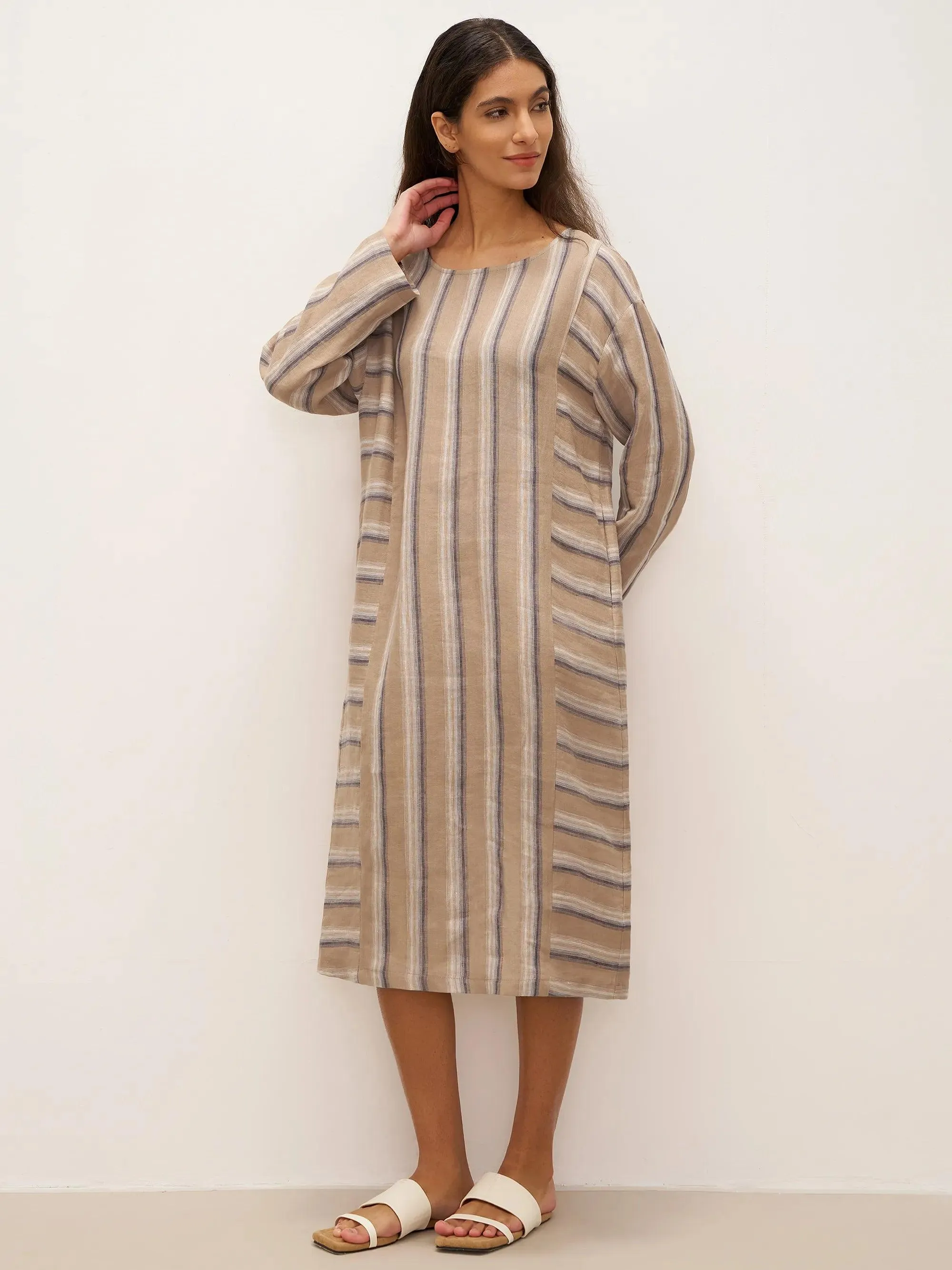 100% Linen Striped Crossweave Midi Dress ELSPETH sold by Lintico product image thumbnail 4