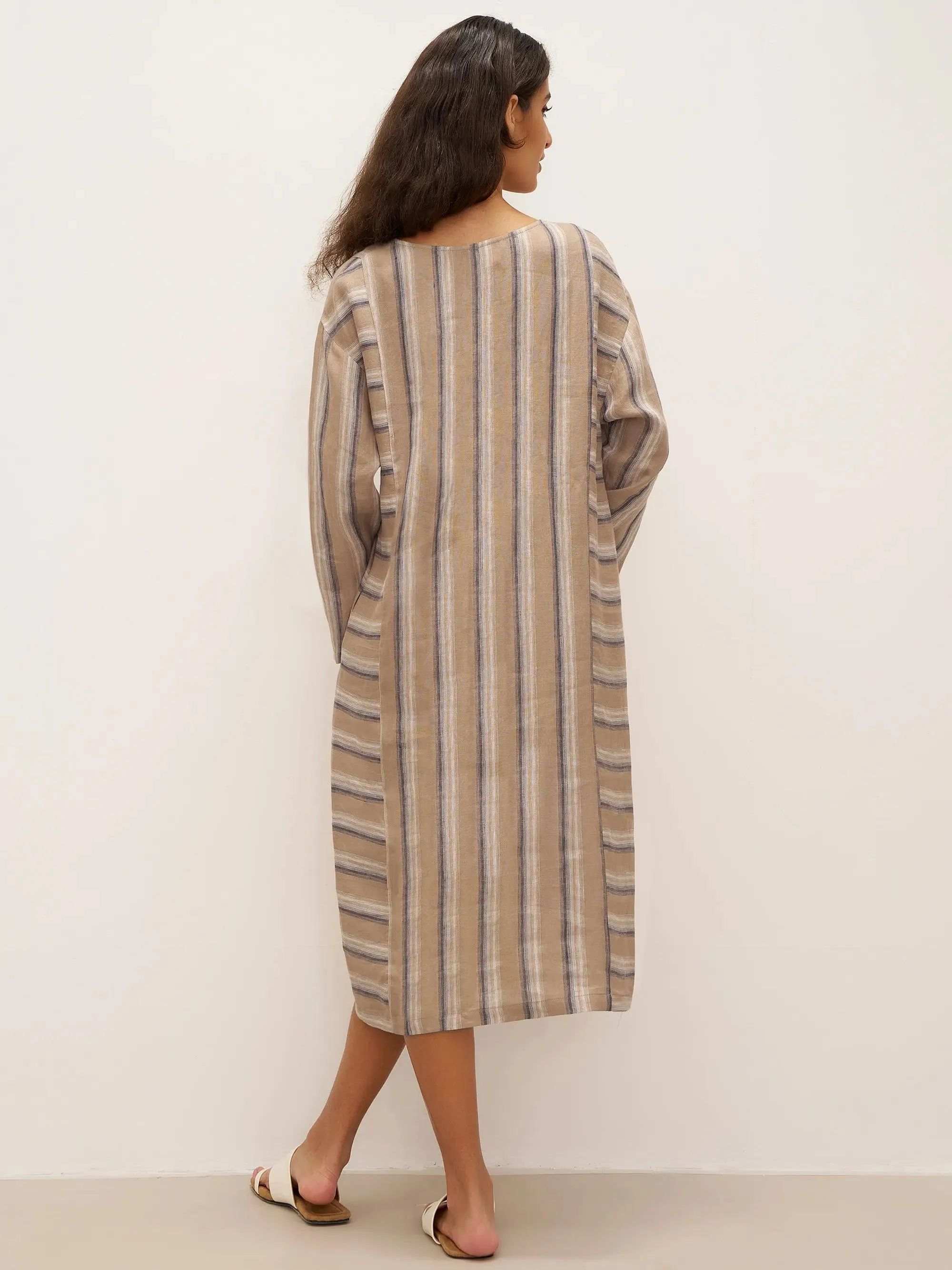 100% Linen Striped Crossweave Midi Dress ELSPETH sold by Lintico product image thumbnail 3